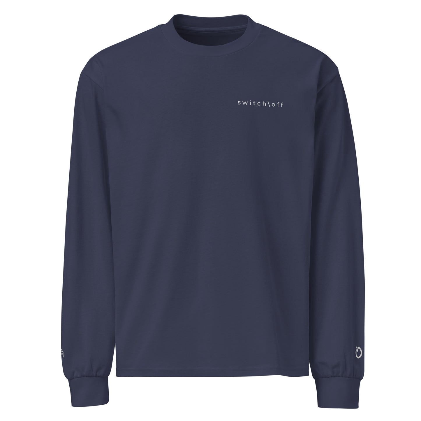 Premium heavyweight long sleeve cotton shirt in midnight blue with white switch\off and logo embroidery - An Athlete Trains.