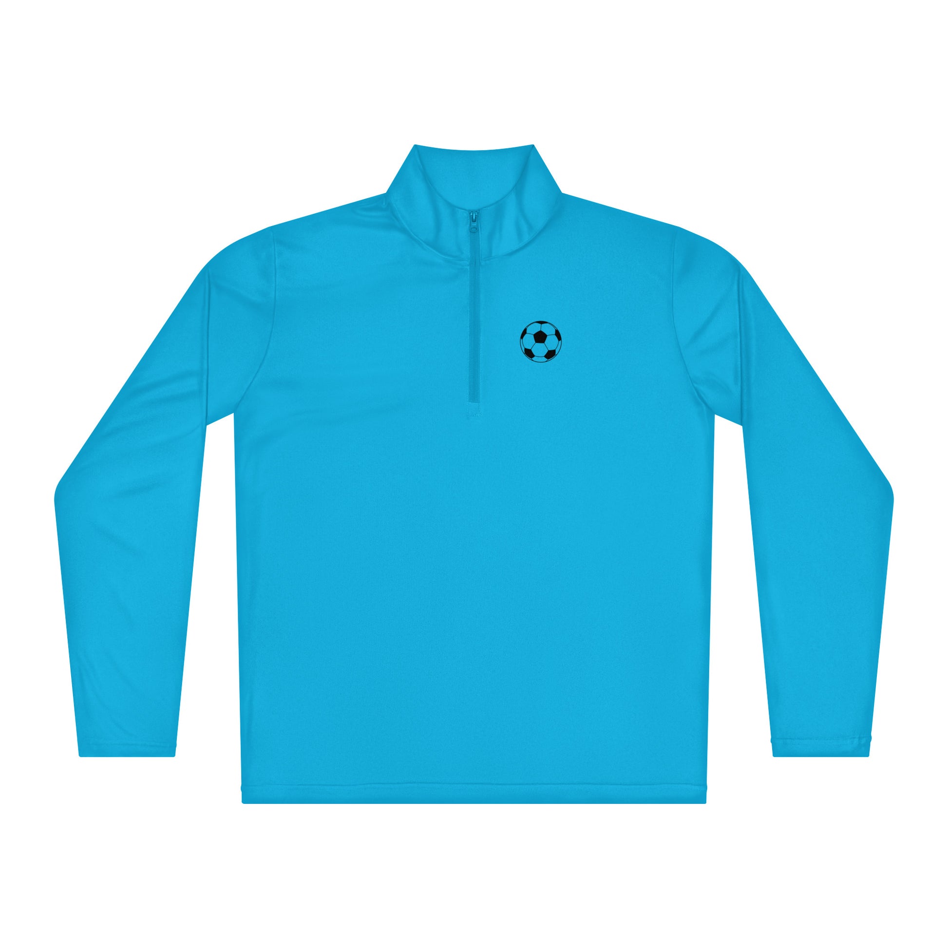 Atomic blue Soccer Edition lightweight quarter-zip pullover in breathable 3.8 oz performance fabric — An Athlete Trains soccer warmup gear | Our Game Collection 