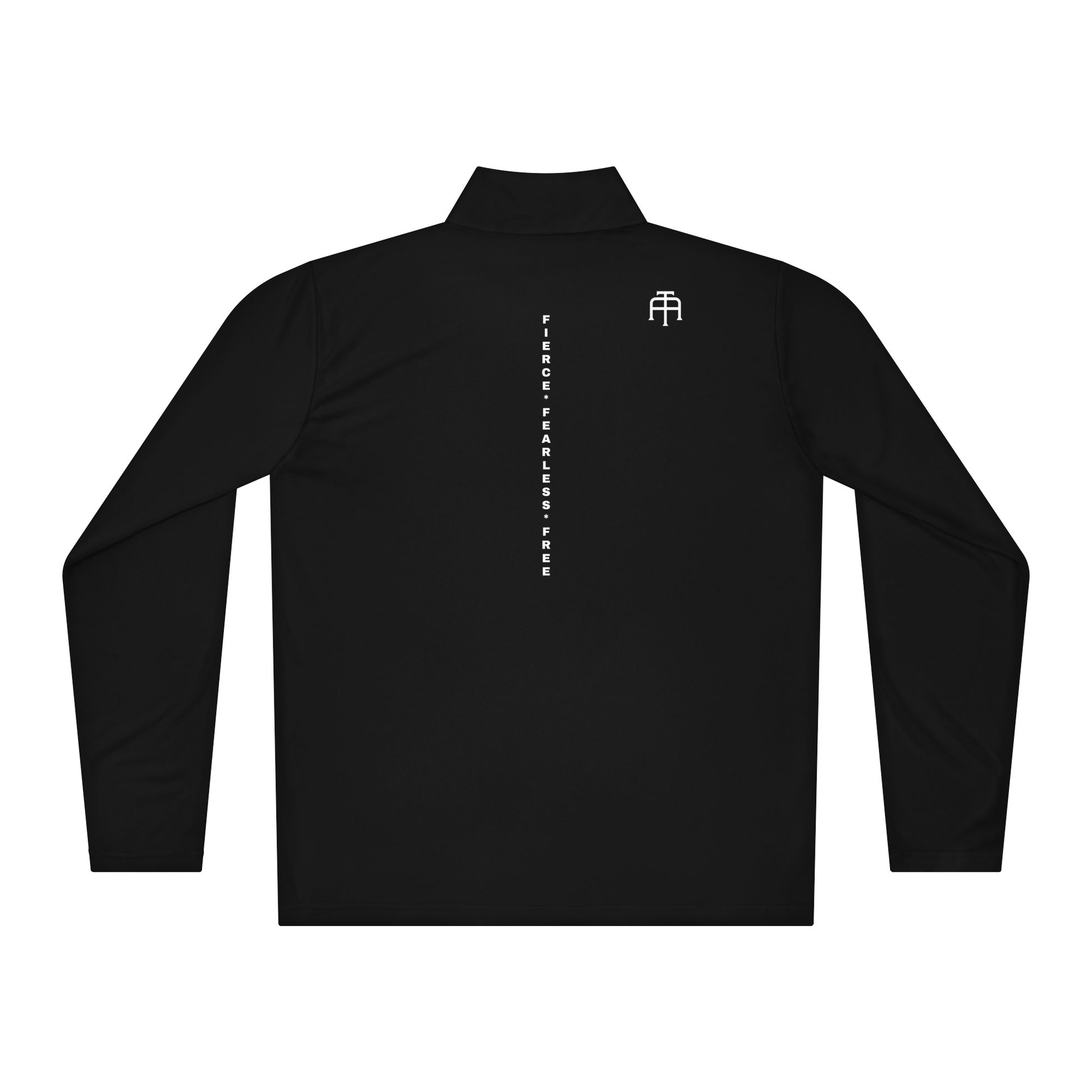 The Backbone Series lightweight quarter-zip showing the vertical 'Fierce Fearless Free' print running down the spine—technical athletic layering by An Athlete Trains