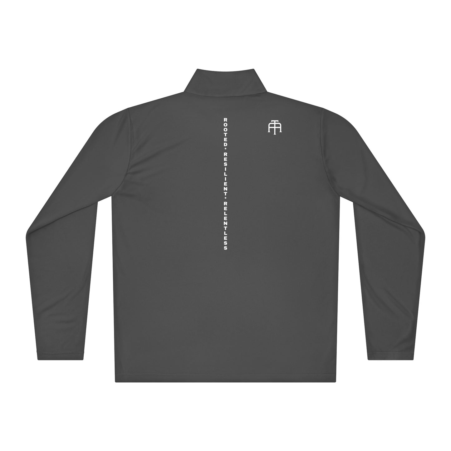 Back view of the Backbone Series lightweight quarter-zip showing the vertical 'Rooted Resilient Relentless' print running down the spine—technical athletic layering by An Athlete Trains