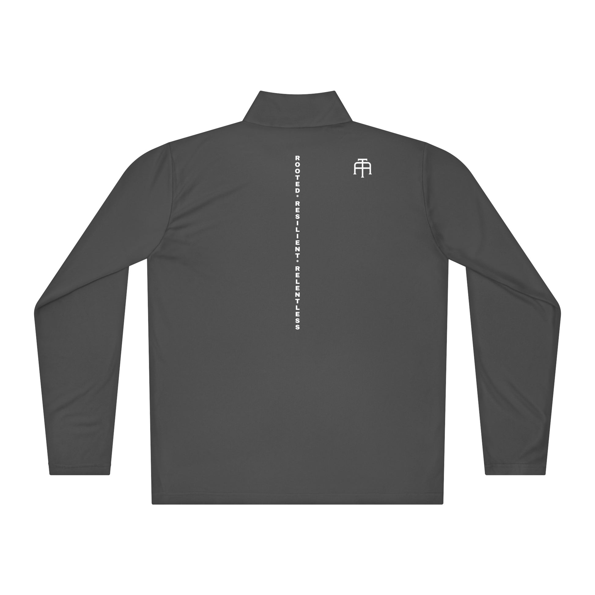 Back view of the Backbone Series lightweight quarter-zip showing the vertical 'Rooted Resilient Relentless' print running down the spine—technical athletic layering by An Athlete Trains