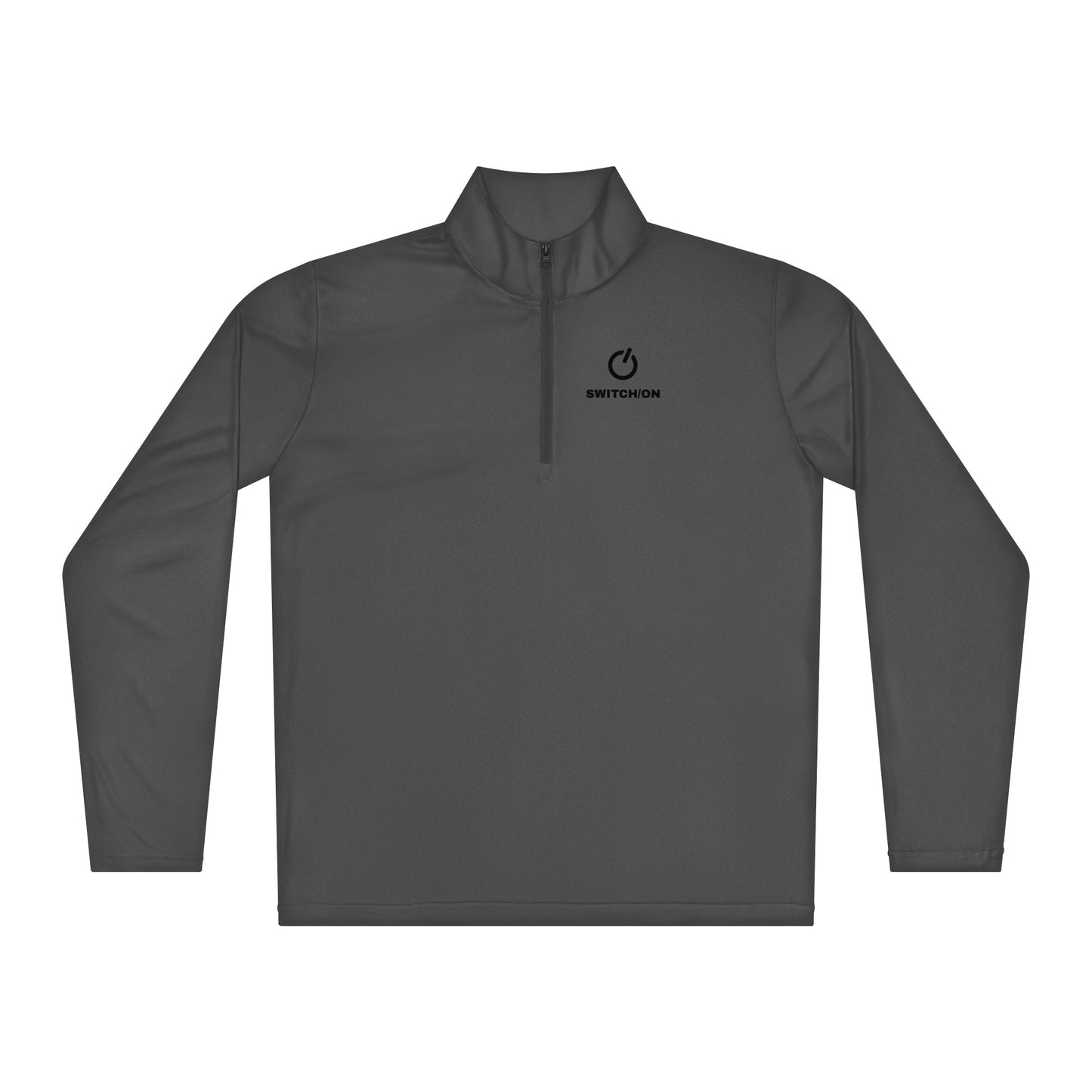SWITCH/ON, unisex, quarter-zip long sleeve in iron gray, black edition logos, moisture-wicking, odor-resistant, active-layer, training