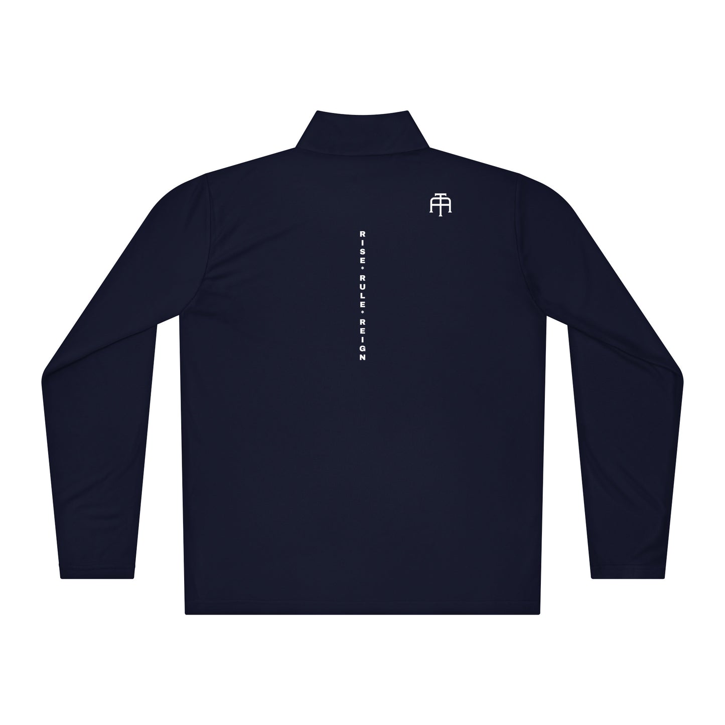 The Backbone Series lightweight quarter-zip showing the vertical 'Rise Rule Reign' print running down the spine—technical athletic layering by An Athlete Trains