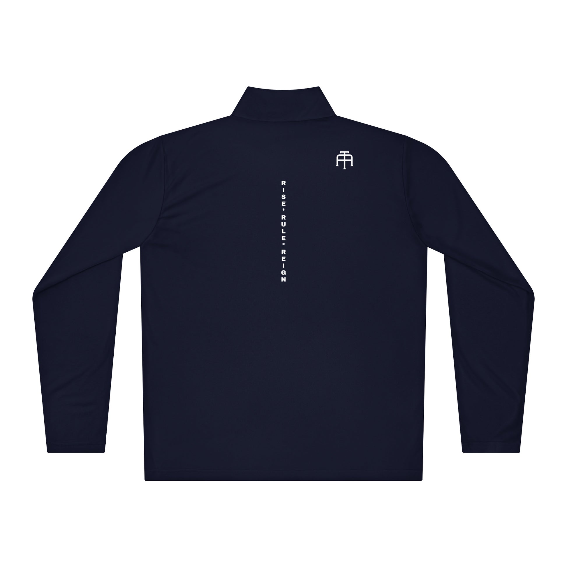 The Backbone Series lightweight quarter-zip showing the vertical 'Rise Rule Reign' print running down the spine—technical athletic layering by An Athlete Trains