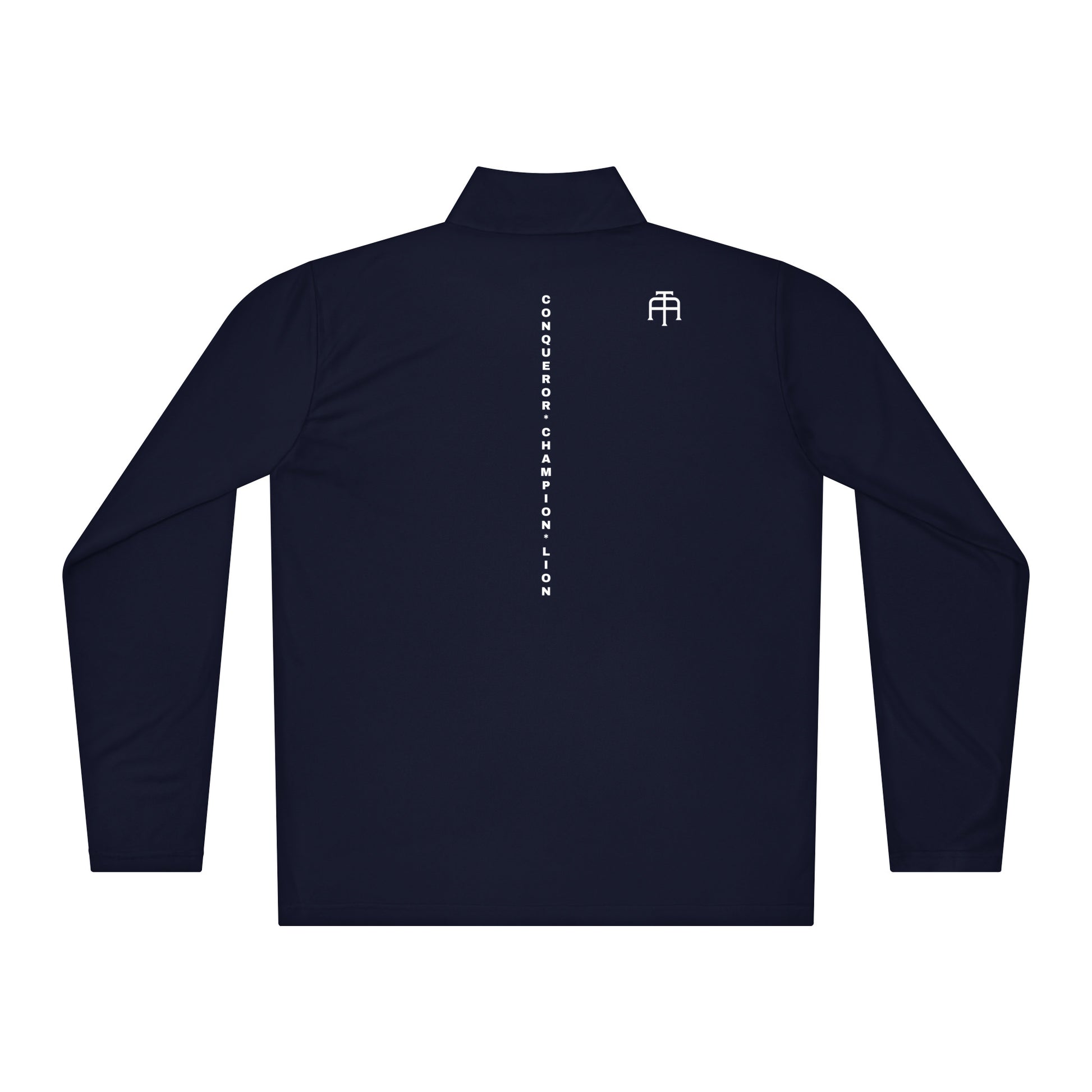 The Backbone Series lightweight quarter-zip showing the vertical 'Conqueror Champion Lion' print running down the spine—technical athletic layering by An Athlete Trains