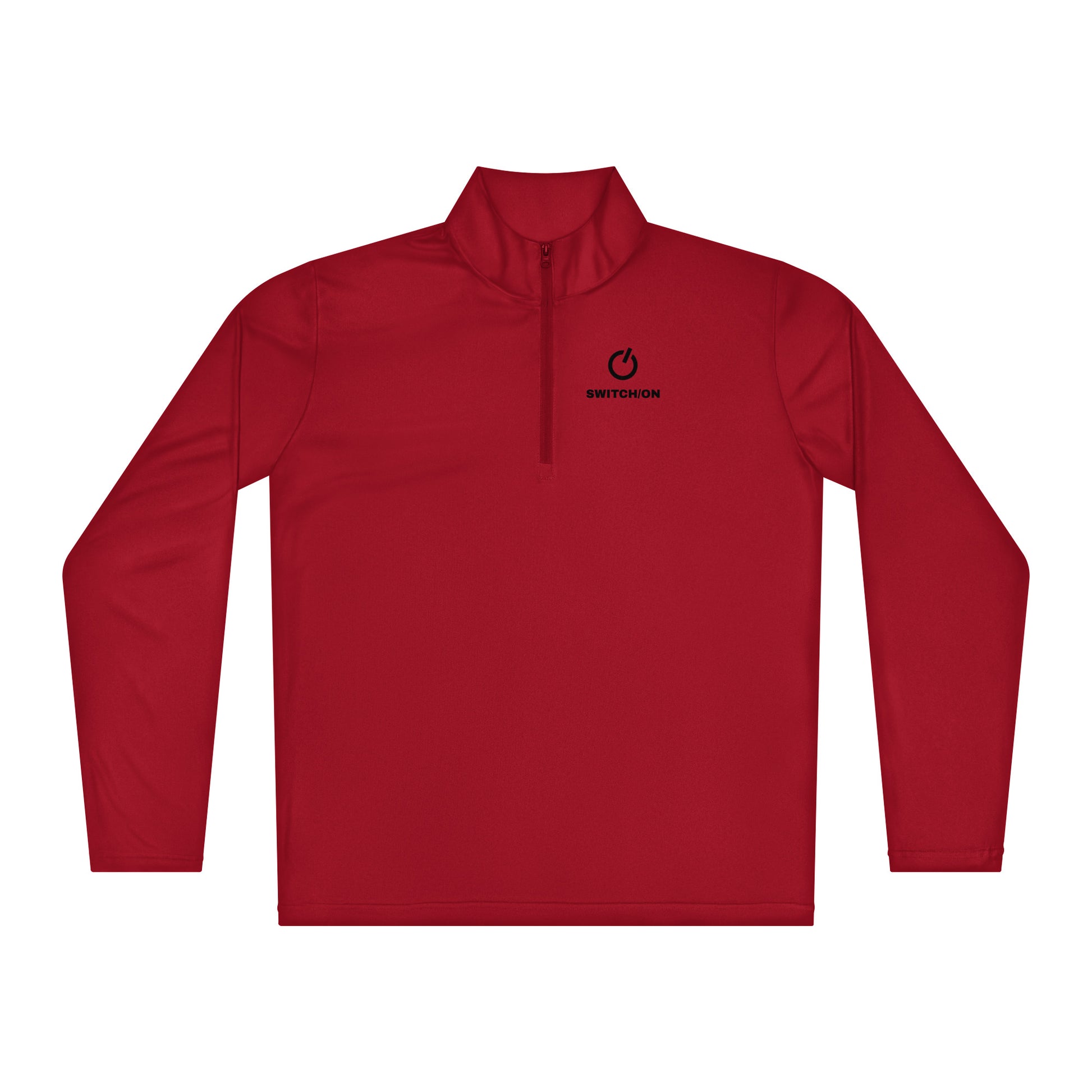 SWITCH/ON, unisex, quarter-zip long sleeve in red, black edition logos, moisture-wicking, odor-resistant, active-layer, training