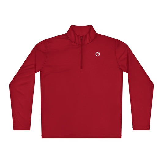 Back view of the Backbone Series lightweight quarter-zip showing the vertical 'Rooted Resilient Relentless' print running down the spine—technical athletic layering by An Athlete Trains