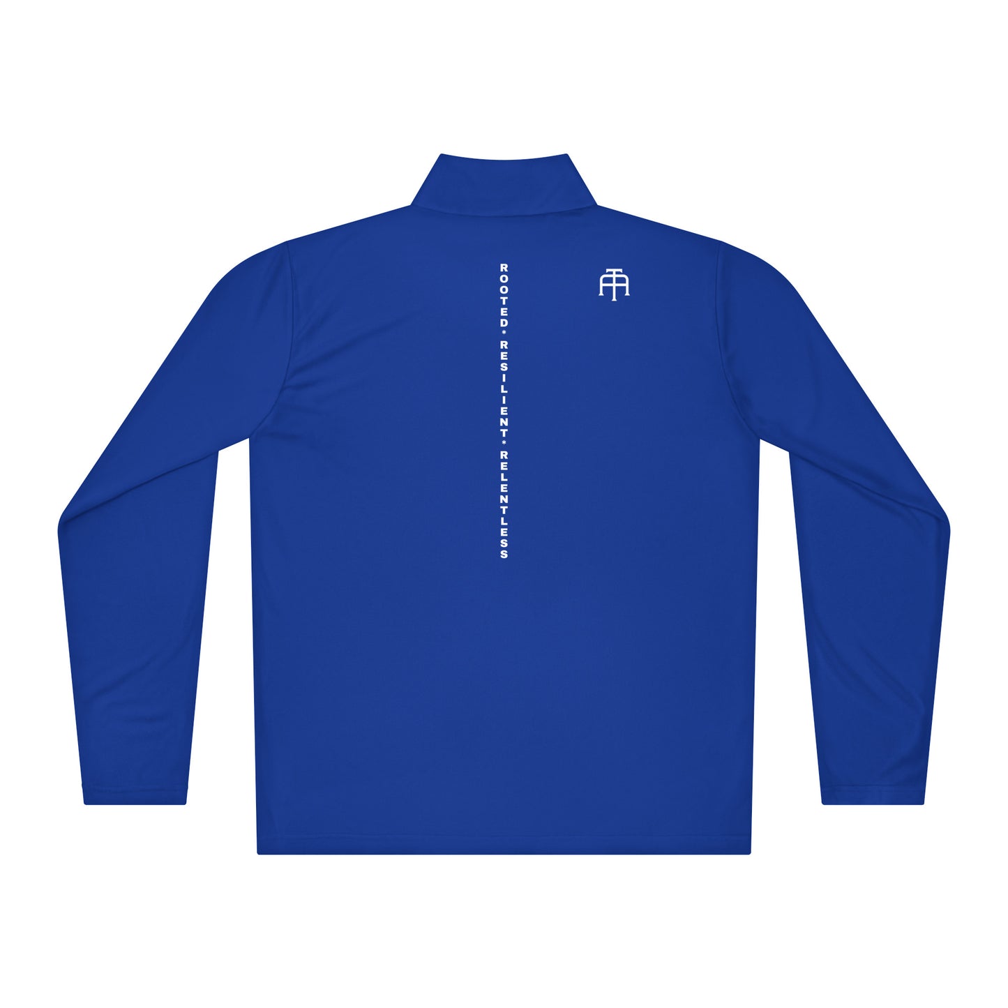 Back view of the Backbone Series lightweight quarter-zip showing the vertical 'Rooted Resilient Relentless' print running down the spine—technical athletic layering by An Athlete Trains