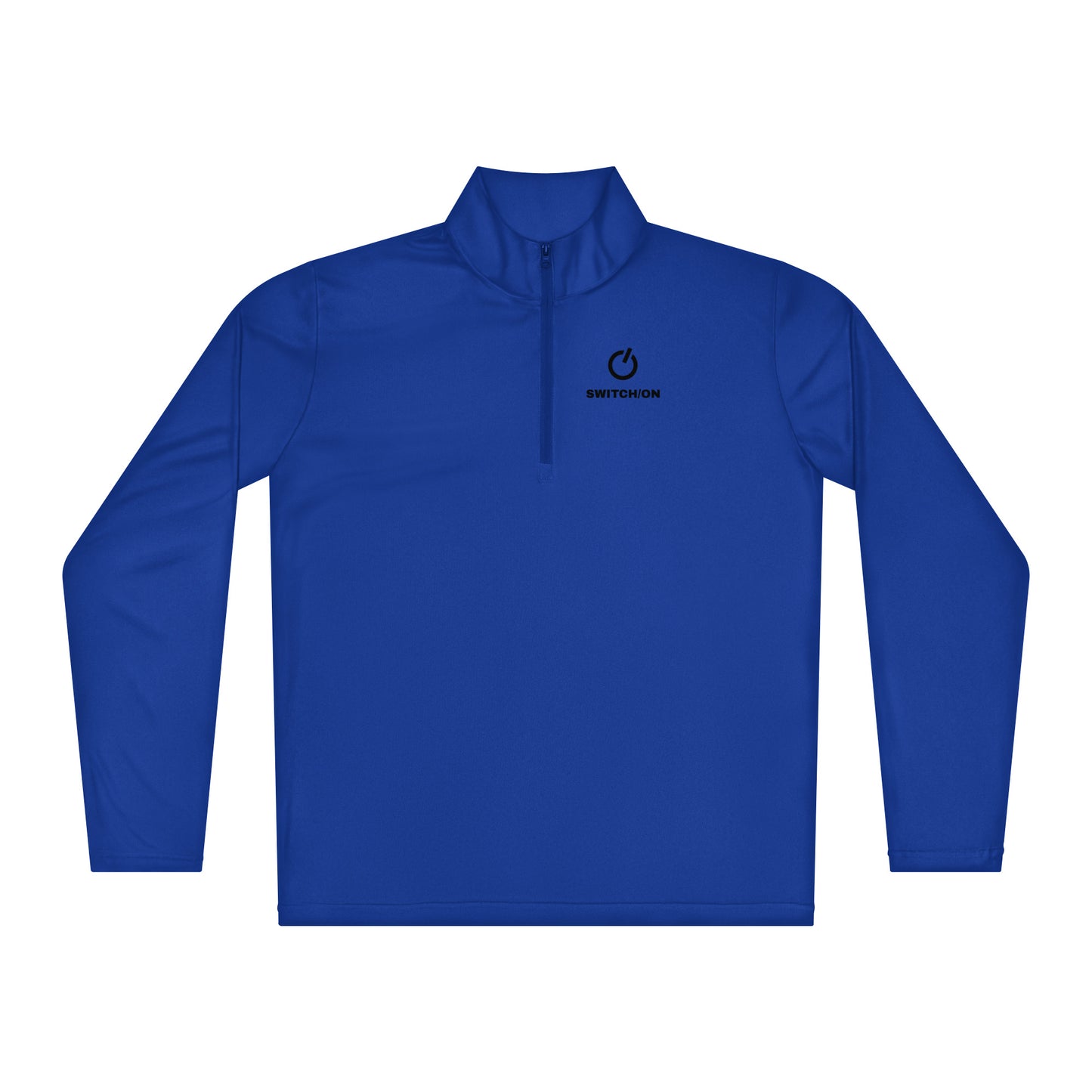 SWITCH/ON, unisex, quarter-zip long sleeve in royal blue, black edition logos, moisture-wicking, odor-resistant, active-layer, training