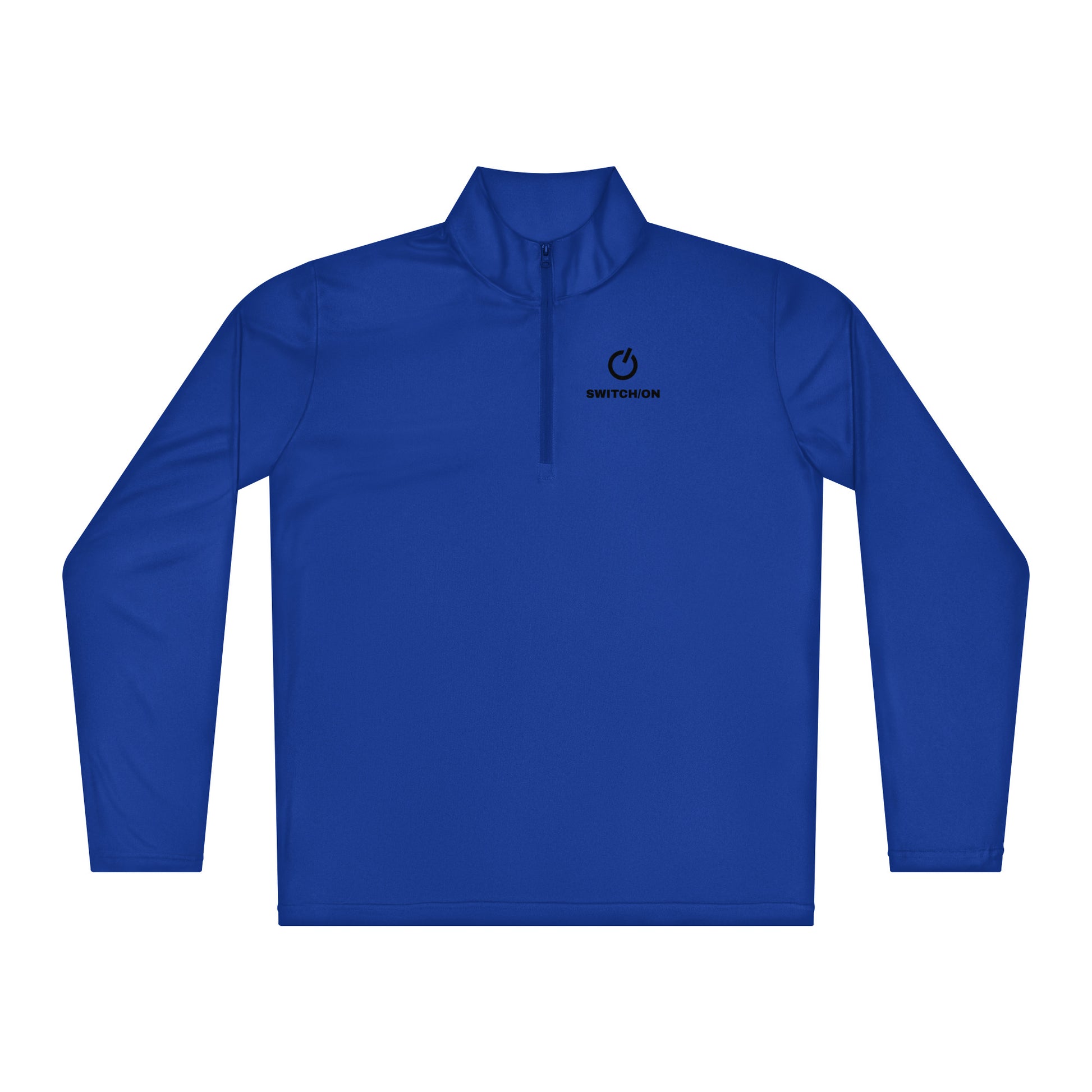 SWITCH/ON, unisex, quarter-zip long sleeve in royal blue, black edition logos, moisture-wicking, odor-resistant, active-layer, training