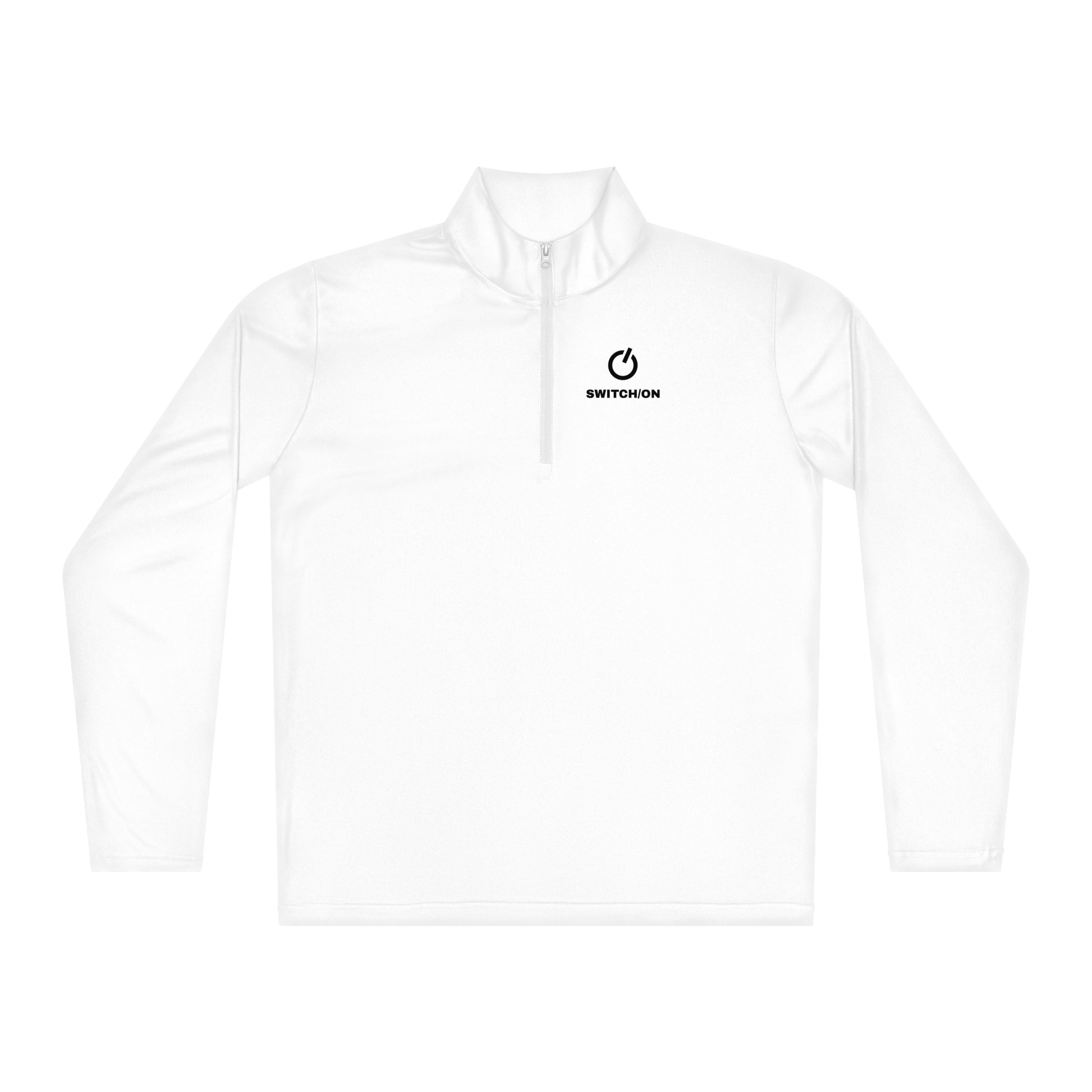 SWITCH/ON, unisex, quarter-zip long sleeve in white, black edition logos, moisture-wicking, odor-resistant, active-layer, training