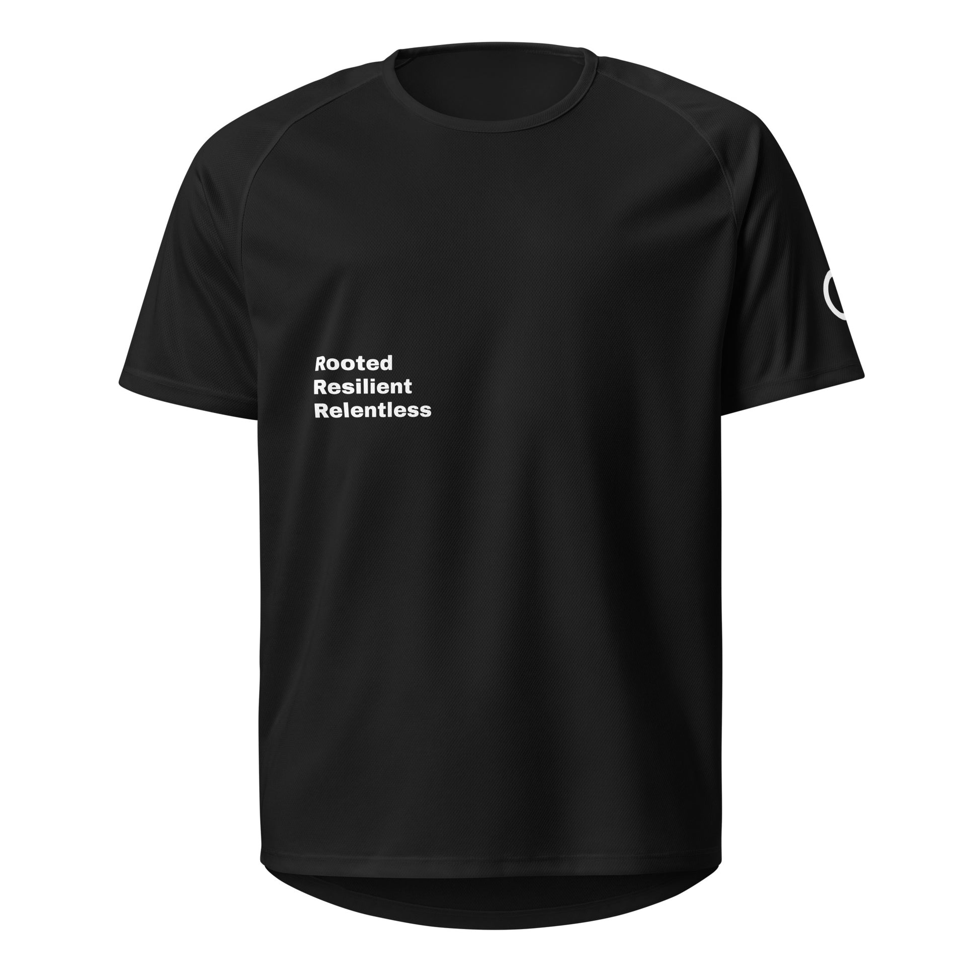 Black Athletic mesh jersey featuring 'Rooted Resilient Relentless' Our Mindset branding from An Athlete Trains - breathable moisture-wicking training shirt