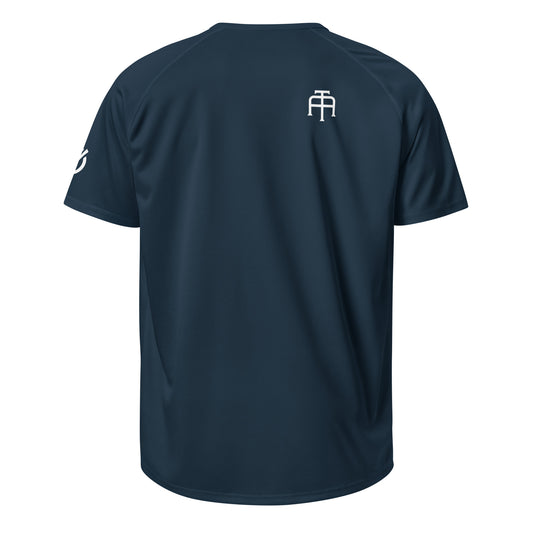 Navy Athletic mesh jersey featuring 'Rooted Resilient Relentless' Our Mindset branding from An Athlete Trains - breathable moisture-wicking training shirt