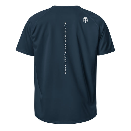 The Backbone Series mesh jersey featuring 'Bold Brave Boundless' printed vertically down the center back for a bold, inspired athletic look