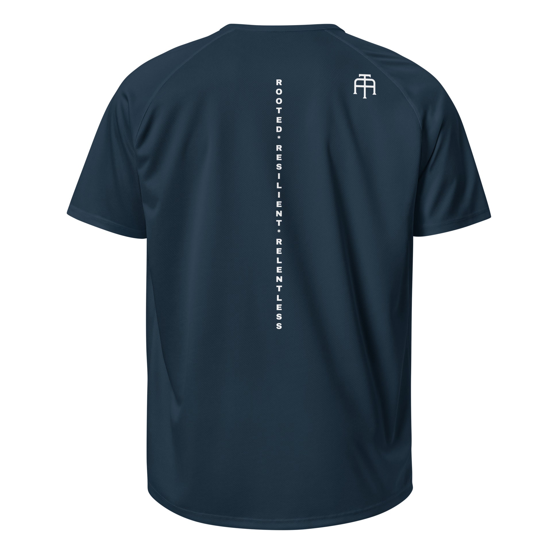 The Backbone Series mesh jersey featuring 'Rooted Resilient Relentless' printed vertically down the center back for a bold, inspired athletic look