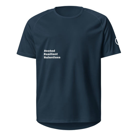 Navy Athletic mesh jersey featuring 'Rooted Resilient Relentless' Our Mindset branding from An Athlete Trains - breathable moisture-wicking training shirt