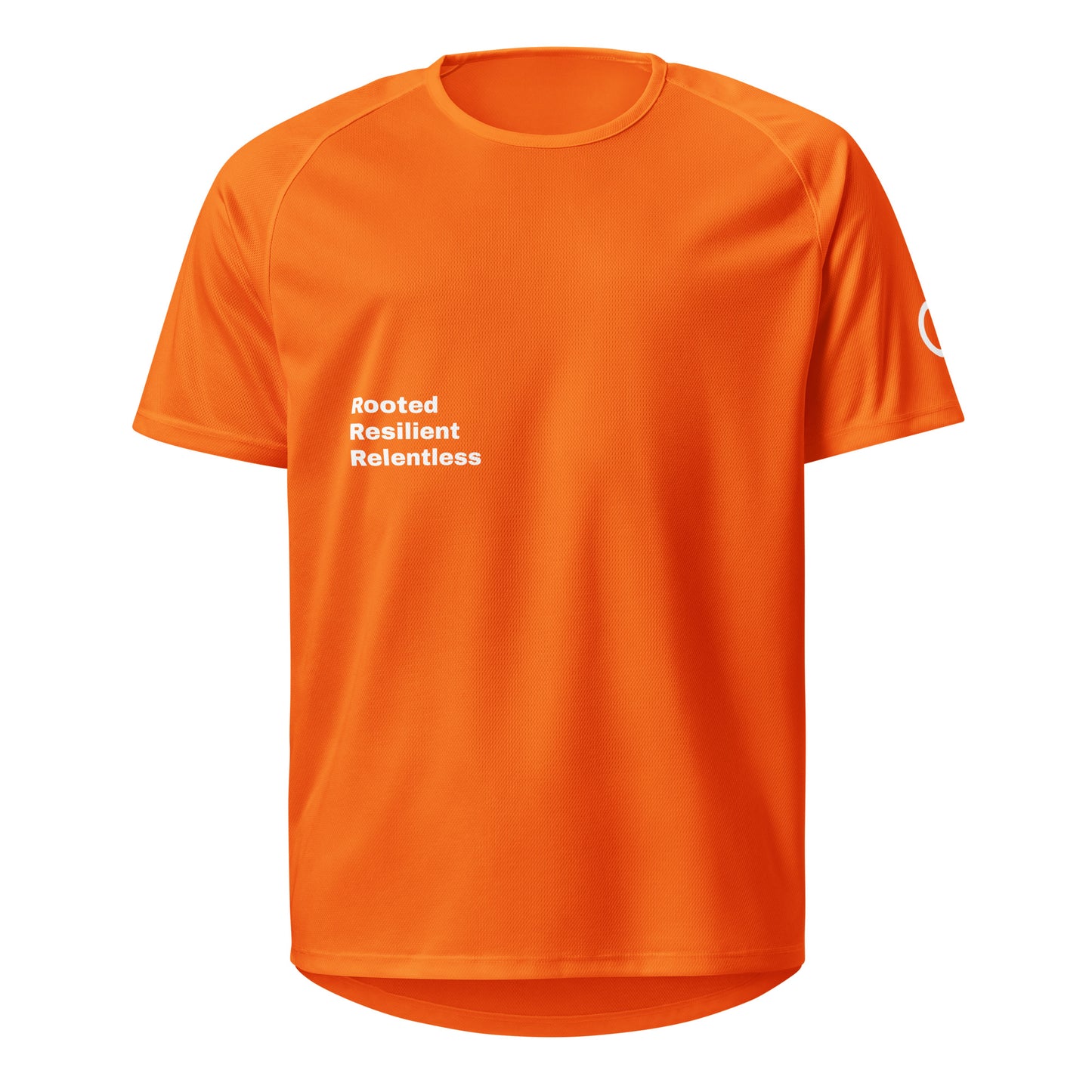 Orange Athletic mesh jersey featuring 'Rooted Resilient Relentless' Our Mindset branding from An Athlete Trains - breathable moisture-wicking training shirt