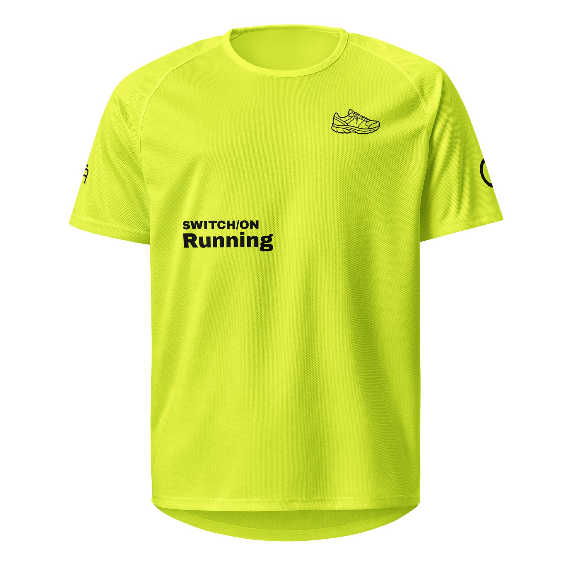 Unisex breathable Running Edition performance apparel mesh jersey in safety yellow with SWITCH/ON branding | Our Game | Running Edition