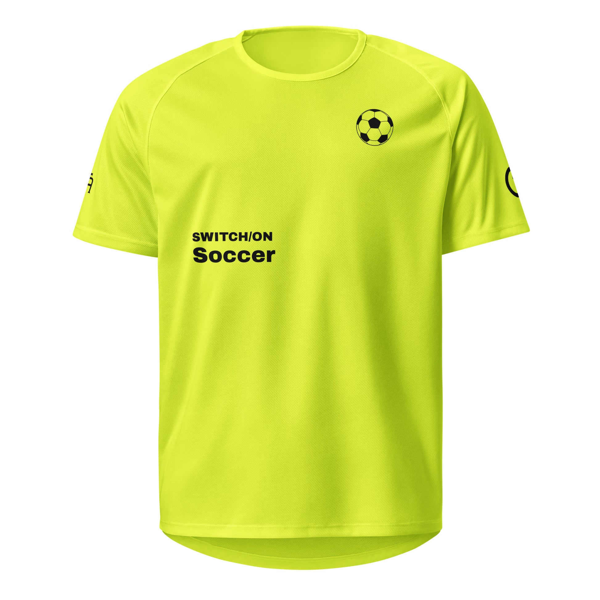Unisex breathable Soccer Edition performance apparel mesh jersey in safety yellow with SWITCH/ON branding | Our Game | Soccer Edition