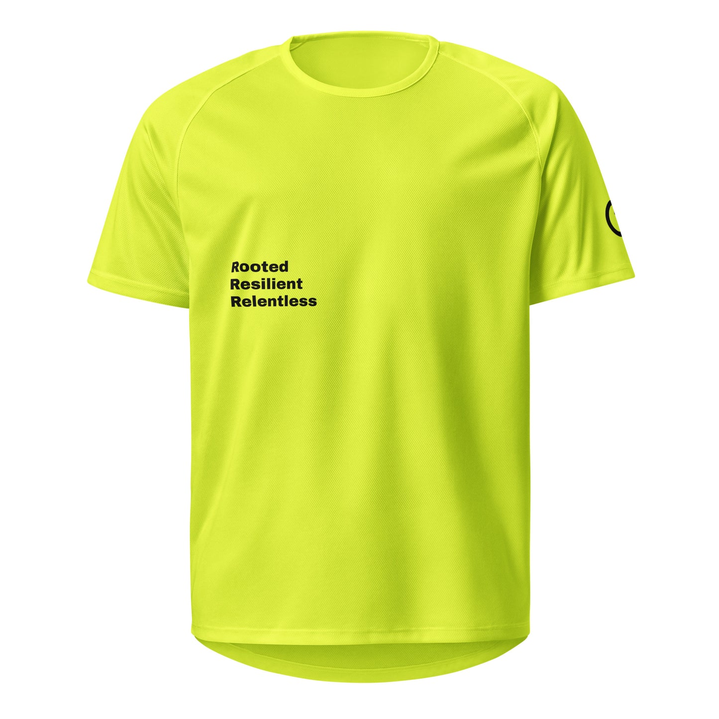 Safety yellow Athletic mesh jersey featuring 'Rooted Resilient Relentless' Our Mindset branding from An Athlete Trains - breathable moisture-wicking training shirt