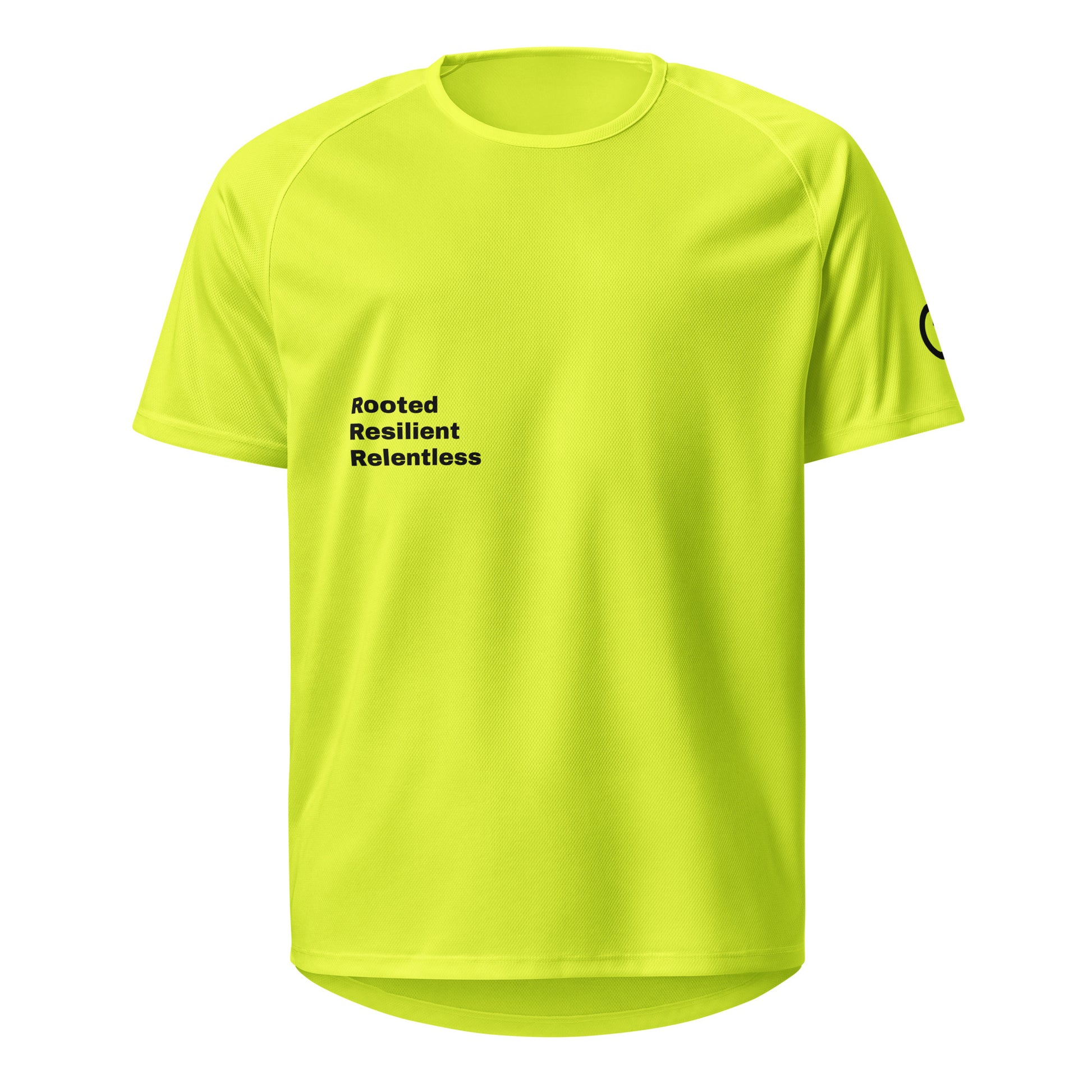 Safety yellow Athletic mesh jersey featuring 'Rooted Resilient Relentless' Our Mindset branding from An Athlete Trains - breathable moisture-wicking training shirt