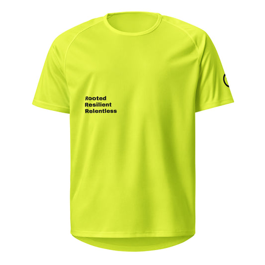 Safety yellow Athletic mesh jersey featuring 'Rooted Resilient Relentless' Our Mindset branding from An Athlete Trains - breathable moisture-wicking training shirt