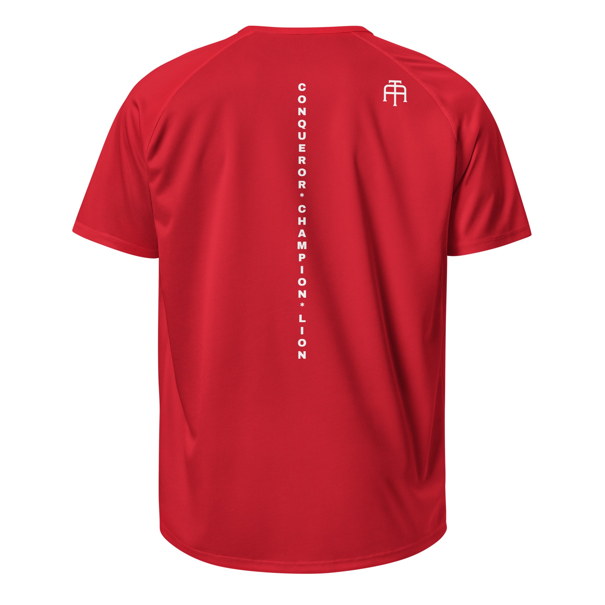 The Backbone Series mesh jersey featuring 'Conqueror Champion Lion' printed vertically down the center back for a bold, inspired athletic look