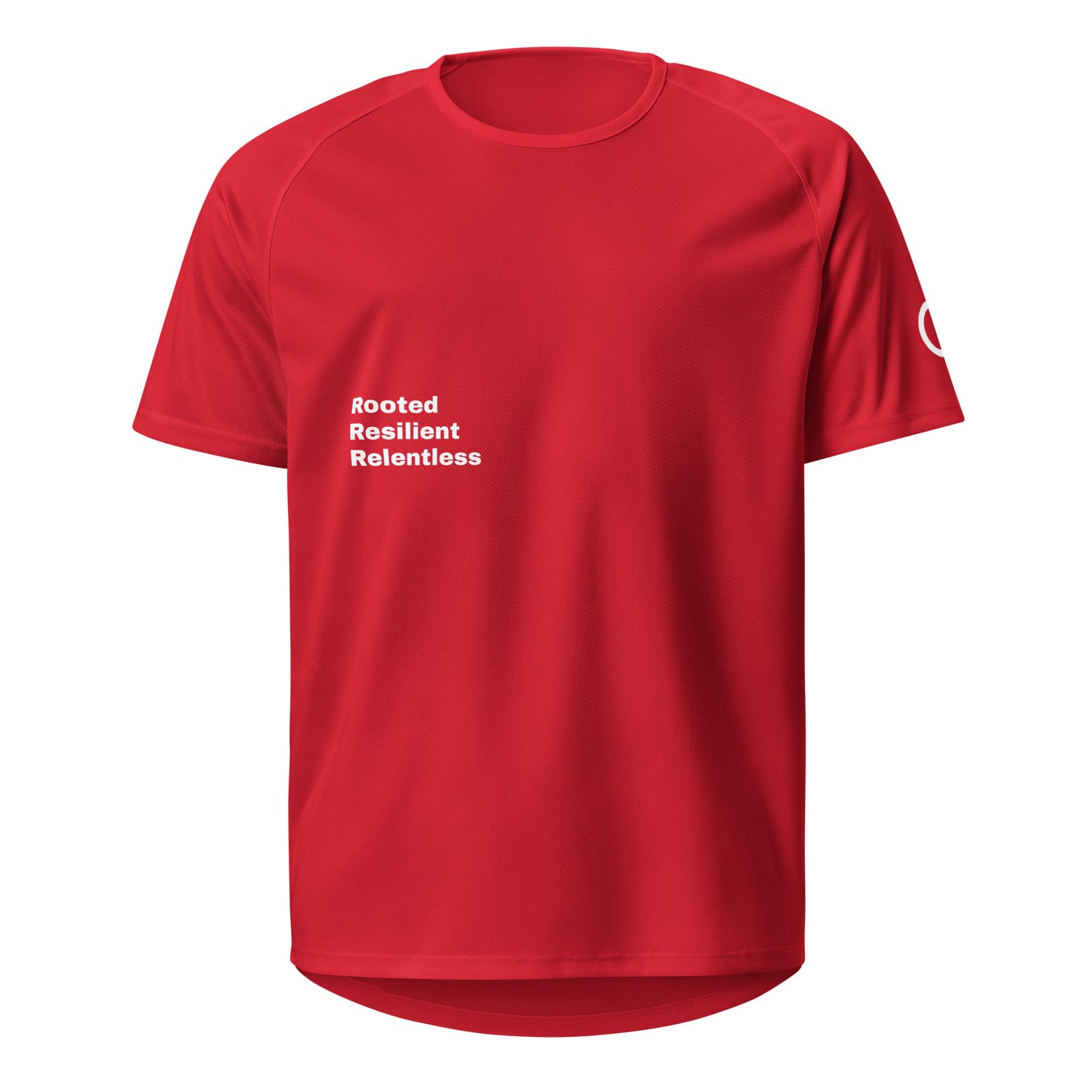 Red Athletic mesh jersey featuring 'Rooted Resilient Relentless' Our Mindset branding from An Athlete Trains - breathable moisture-wicking training shirt