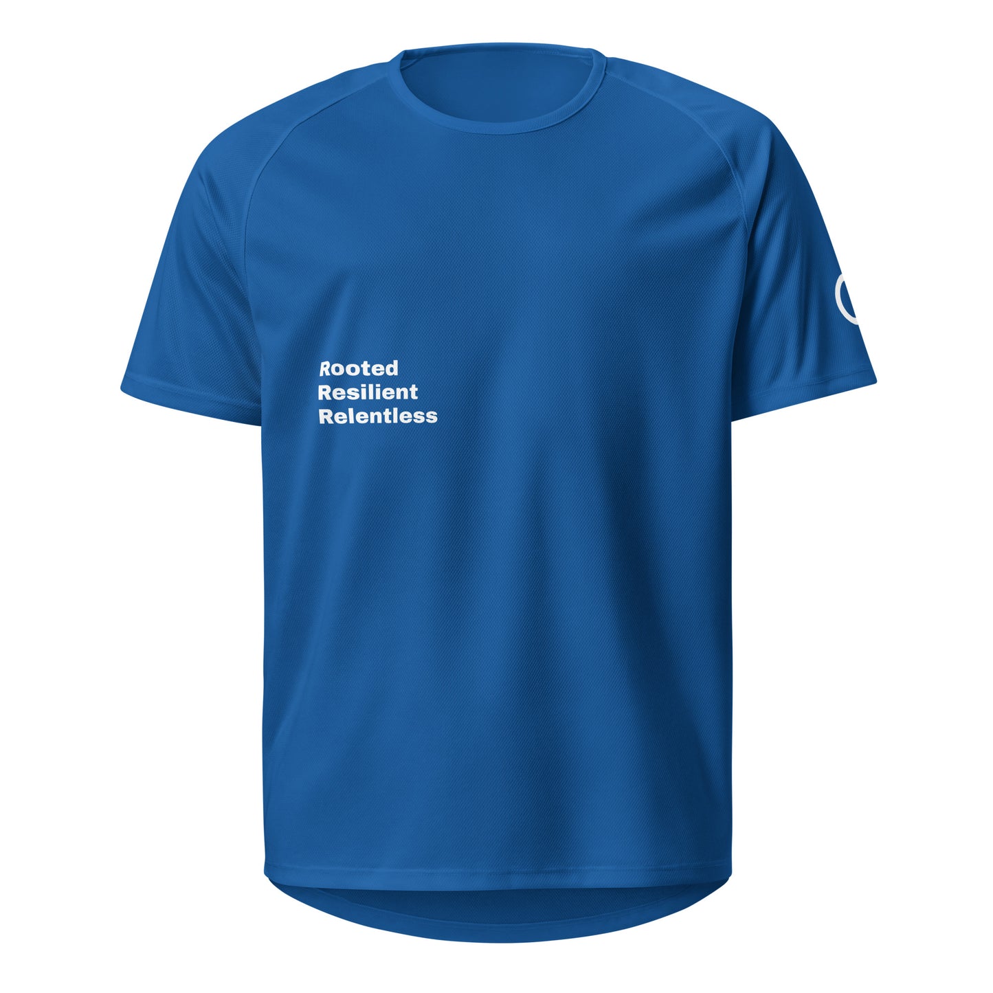 Royal blue Athletic mesh jersey featuring 'Rooted Resilient Relentless' Our Mindset branding from An Athlete Trains - breathable moisture-wicking training shirt