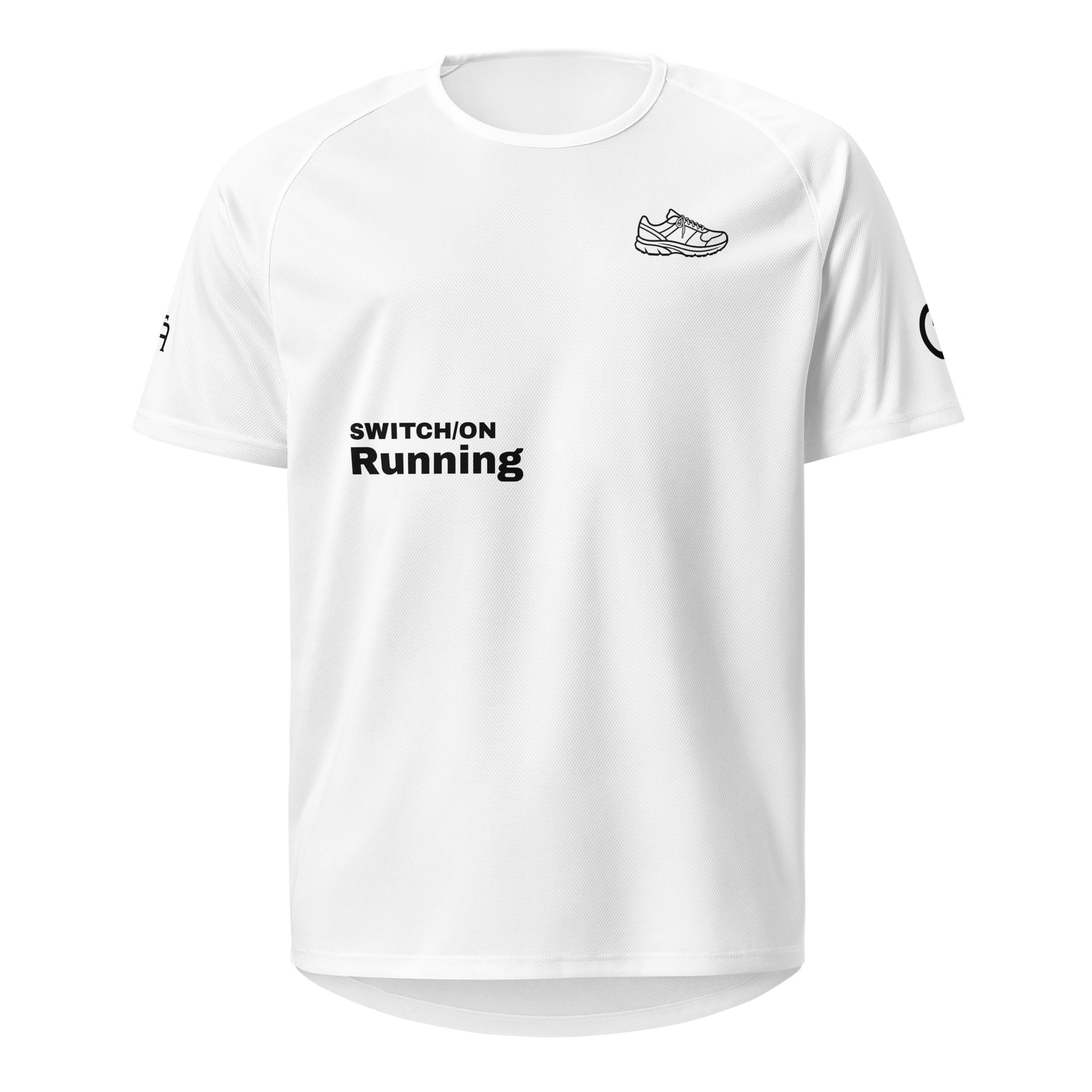 Unisex breathable Running Edition performance apparel mesh jersey in white with SWITCH/ON branding | Our Game | Running Edition