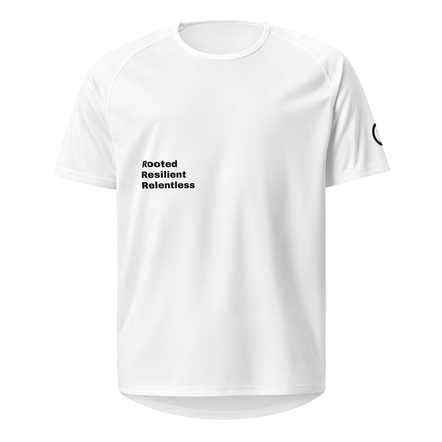 White Athletic mesh jersey featuring 'Rooted Resilient Relentless' Our Mindset branding from An Athlete Trains - breathable moisture-wicking training shirt