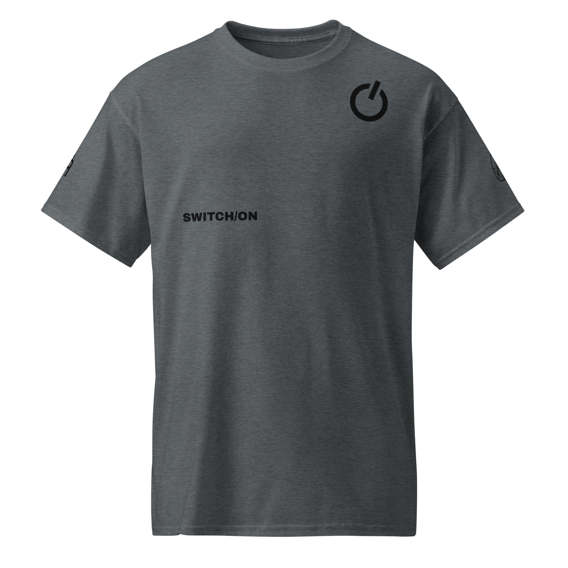 SWITCH/ON, unisex, moisture-wicking, training, activewear, dryblend t-shirt in dark heather gray with black edition football logo - An Athlete Trains
