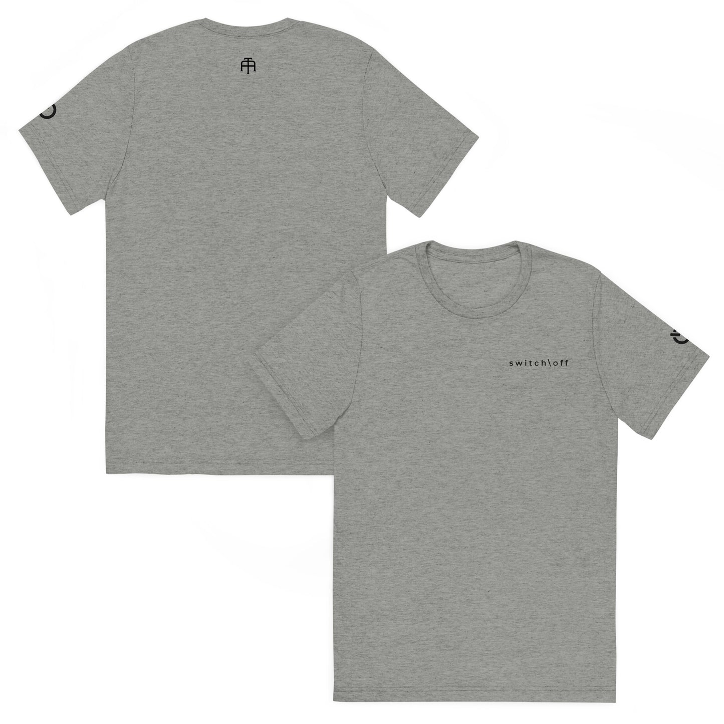 Fitted athletic tri-blend t-shirt in athletic gray with black switch\off chest embroidery - An Athlete Trains. Front and back view