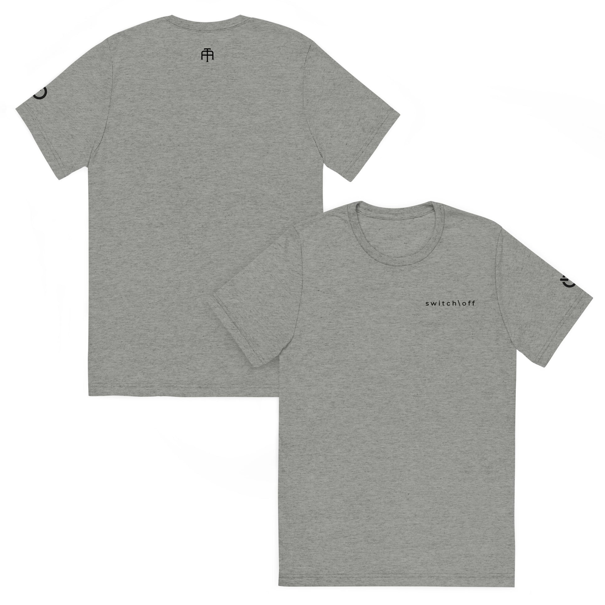 Fitted athletic tri-blend t-shirt in athletic gray with black switch\off chest embroidery - An Athlete Trains. Front and back view