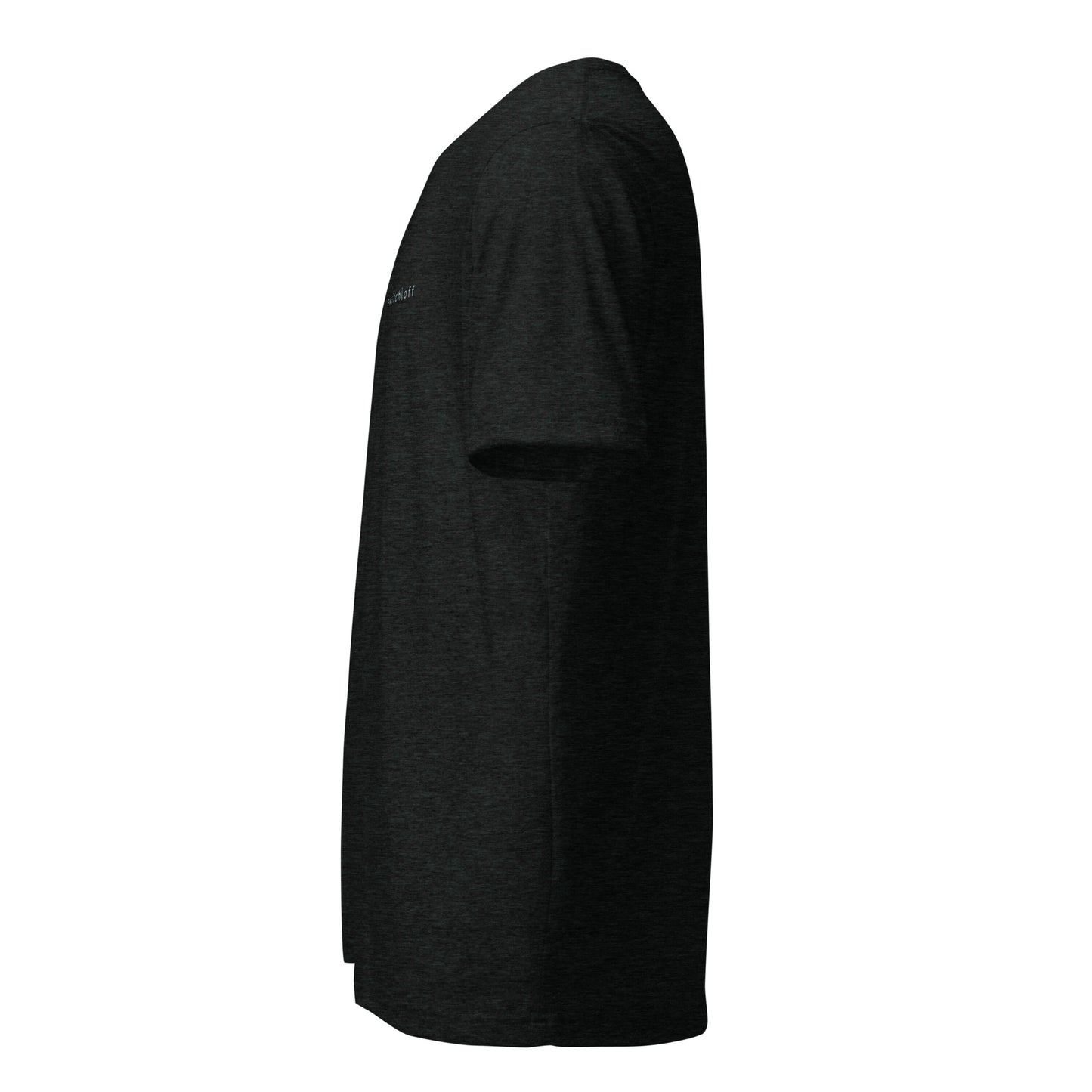 Fitted athletic tri-blend t-shirt in black - An Athlete Trains. Left side view