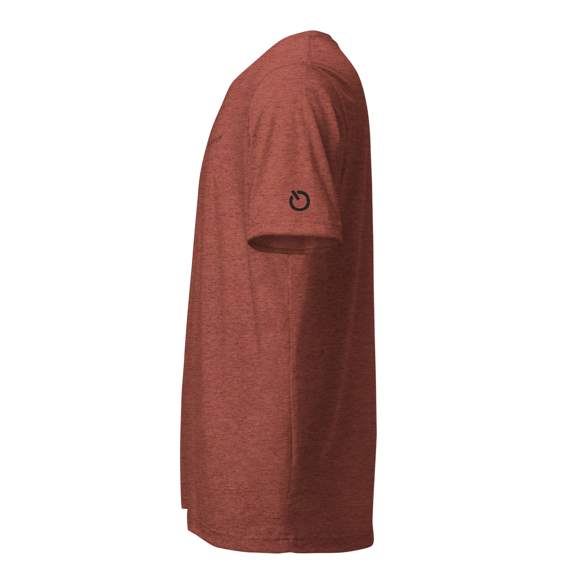 Fitted athletic tri-blend t-shirt in clay with black logo embroidery - An Athlete Trains. Left side view