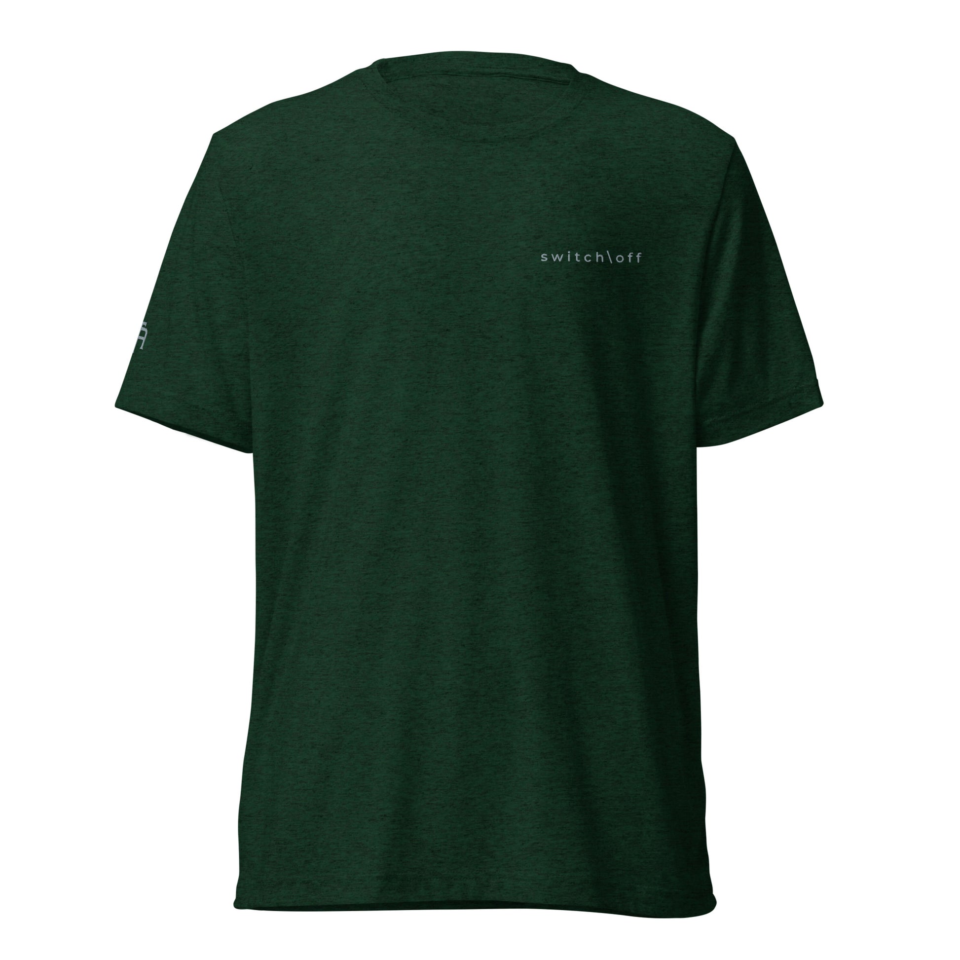Fitted athletic tri-blend t-shirt in emerald with gray switch\off chest embroidery - An Athlete Trains. Front view