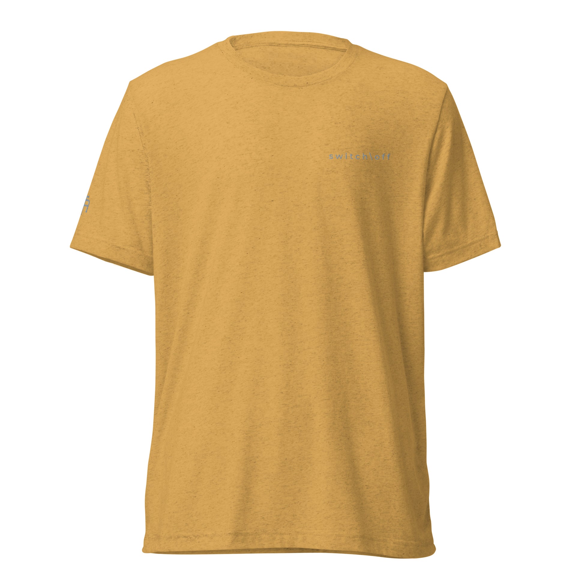 Fitted athletic tri-blend t-shirt in mustard with gray switch\off chest embroidery - An Athlete Trains. Front view