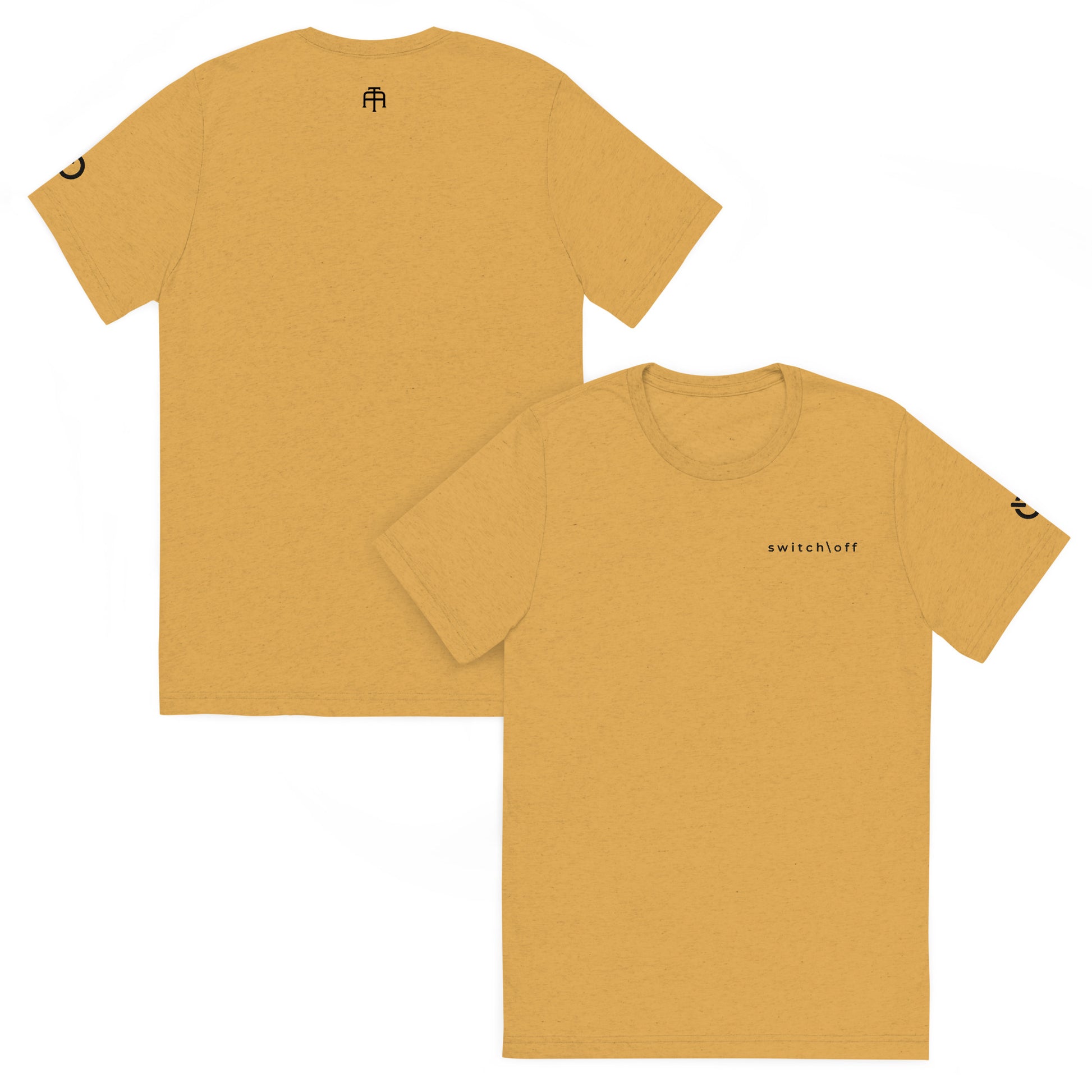Fitted athletic tri-blend t-shirt in mustard with black switch\off chest embroidery - An Athlete Trains. Front and back view