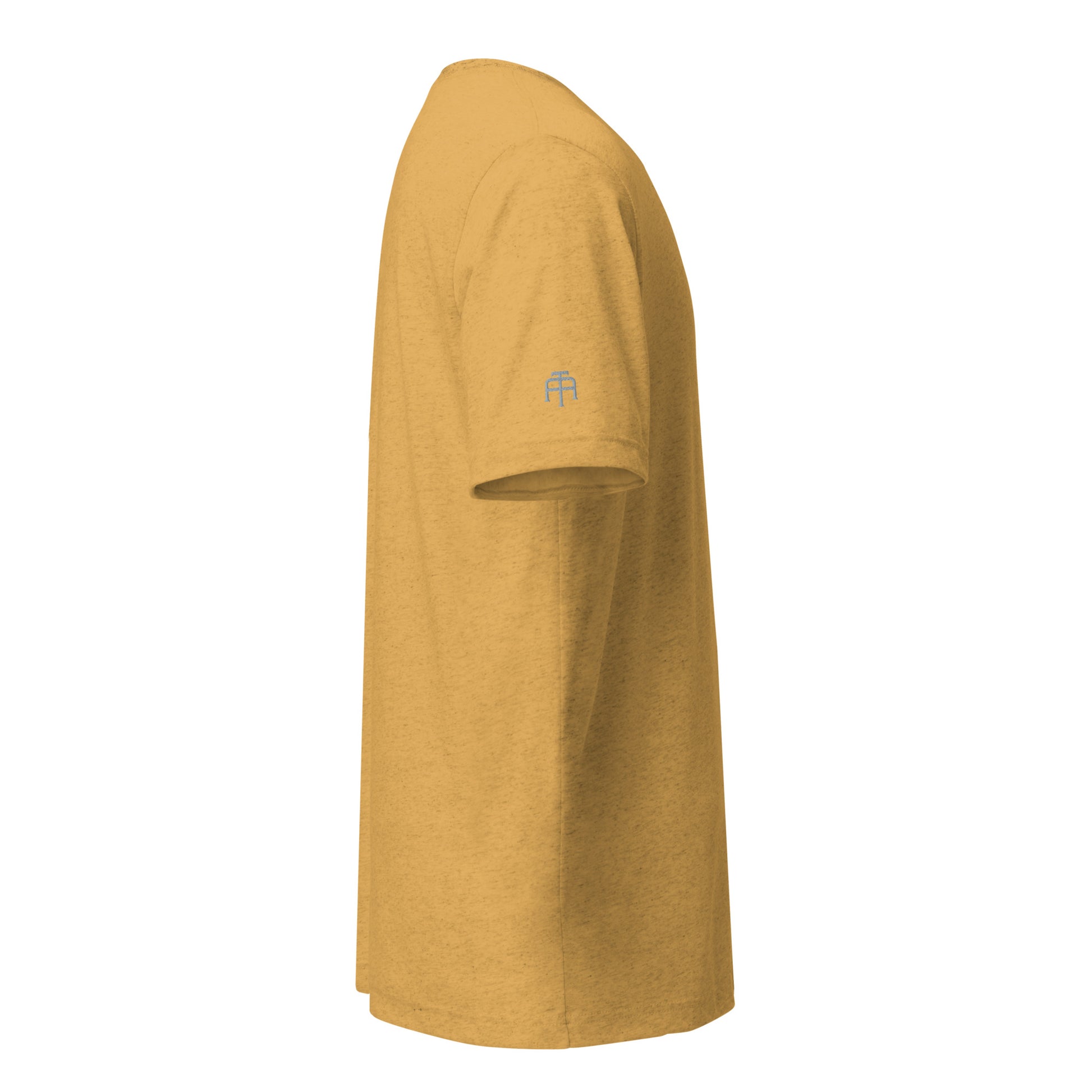 Fitted athletic tri-blend t-shirt in mustard with gray logo embroidery - An Athlete Trains. Right side view