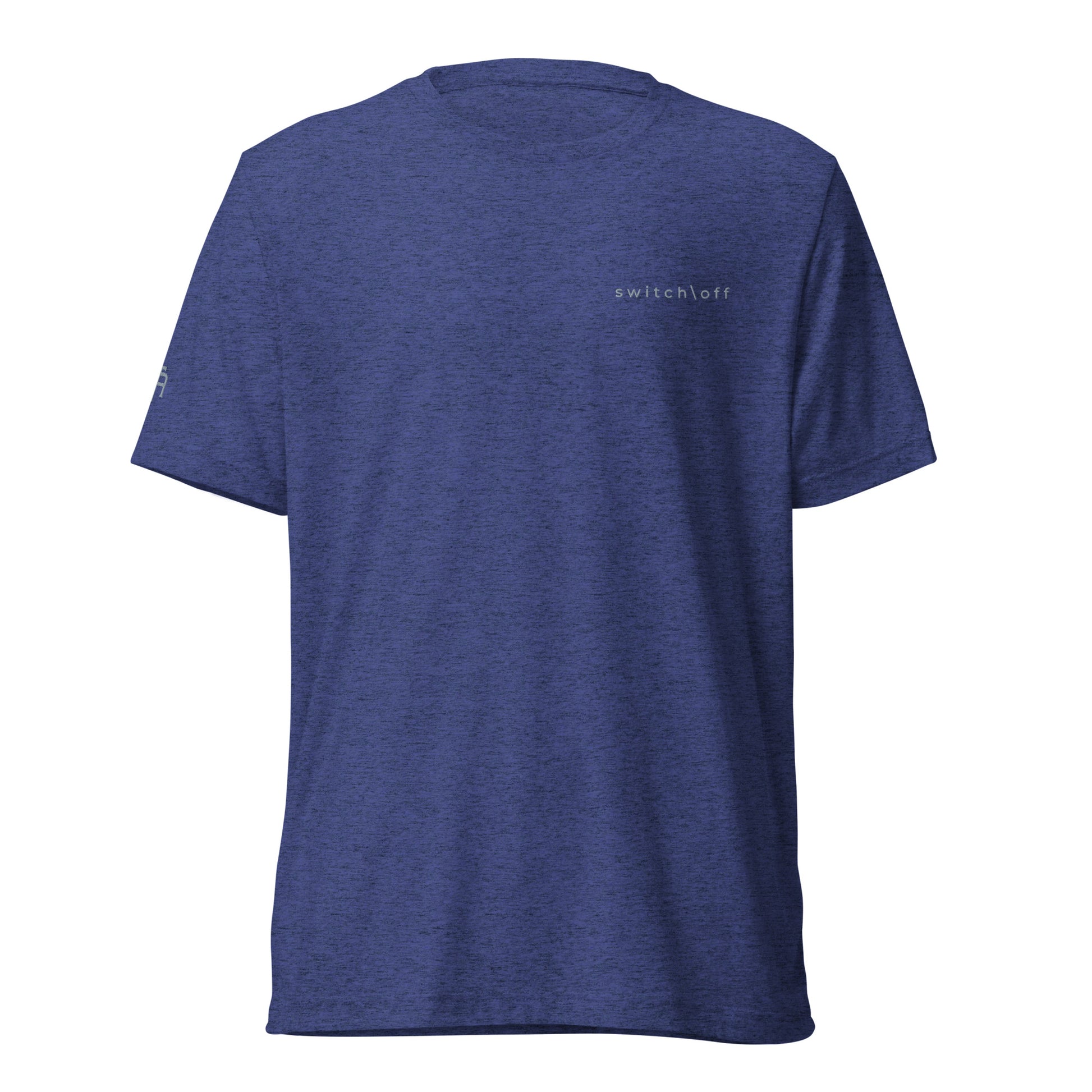 Fitted athletic tri-blend t-shirt in navy with gray switch\off chest embroidery - An Athlete Trains. Front view