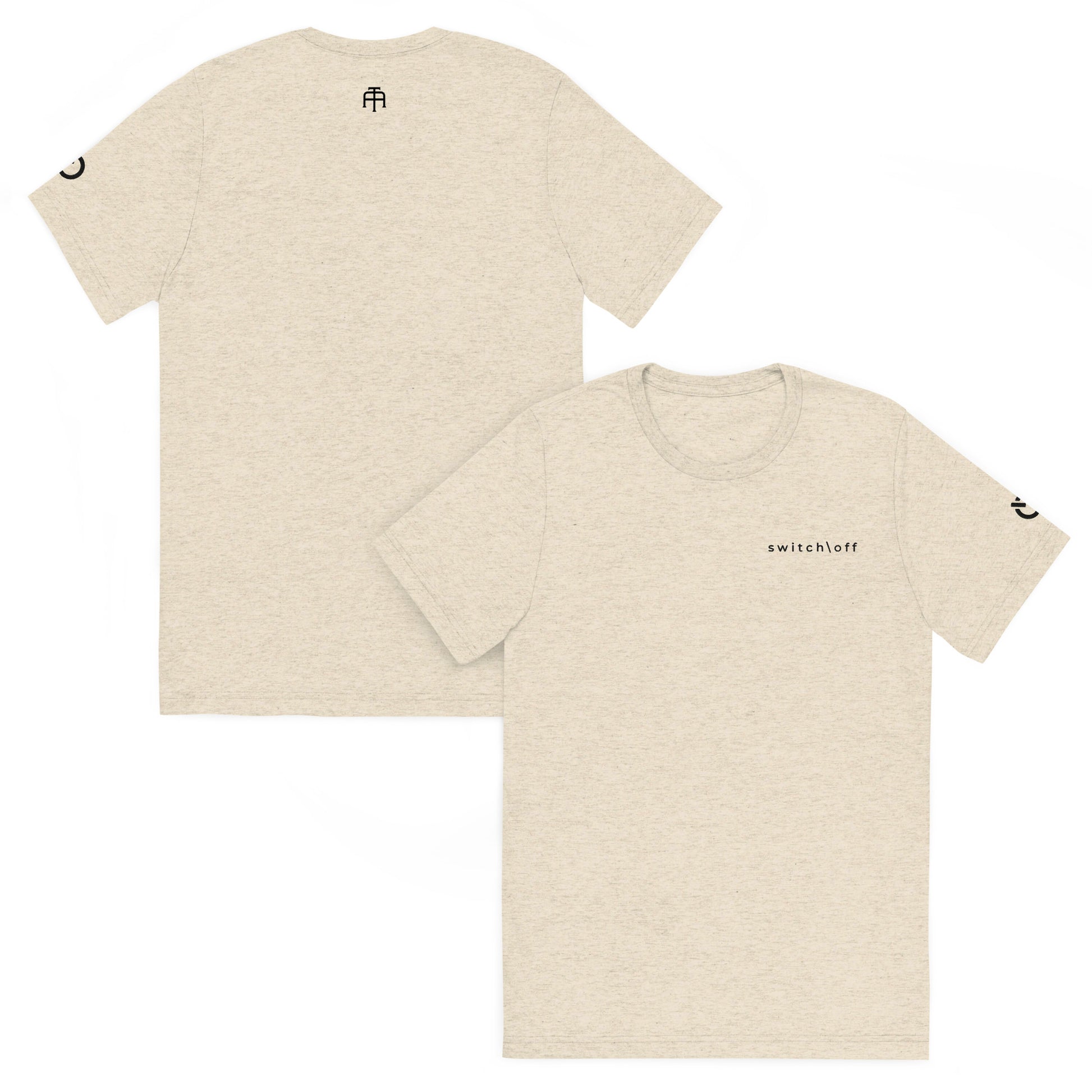 Fitted athletic tri-blend t-shirt in oatmeal with black switch\off chest embroidery - An Athlete Trains. Front and back view