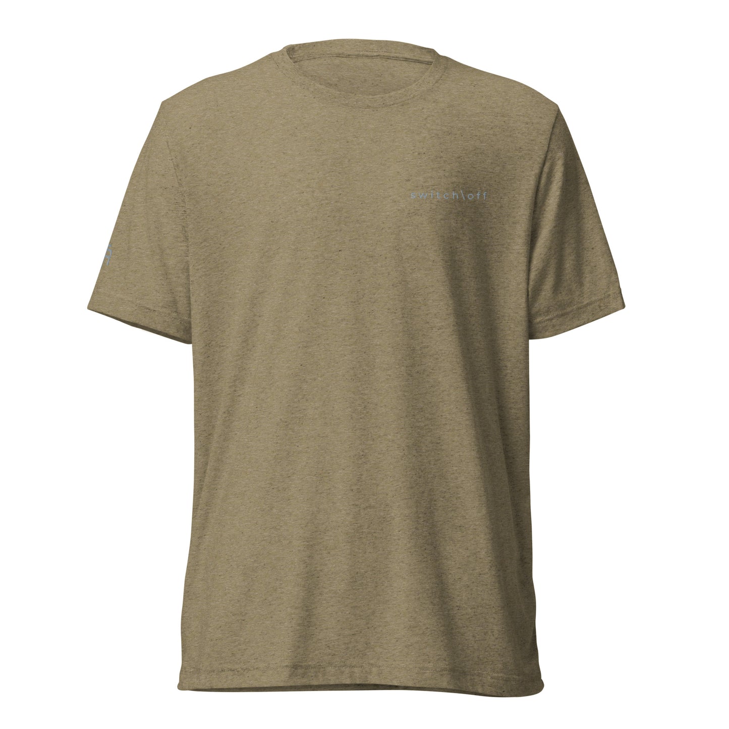 Fitted athletic tri-blend t-shirt in olive with gray switch\off chest embroidery - An Athlete Trains. Front view