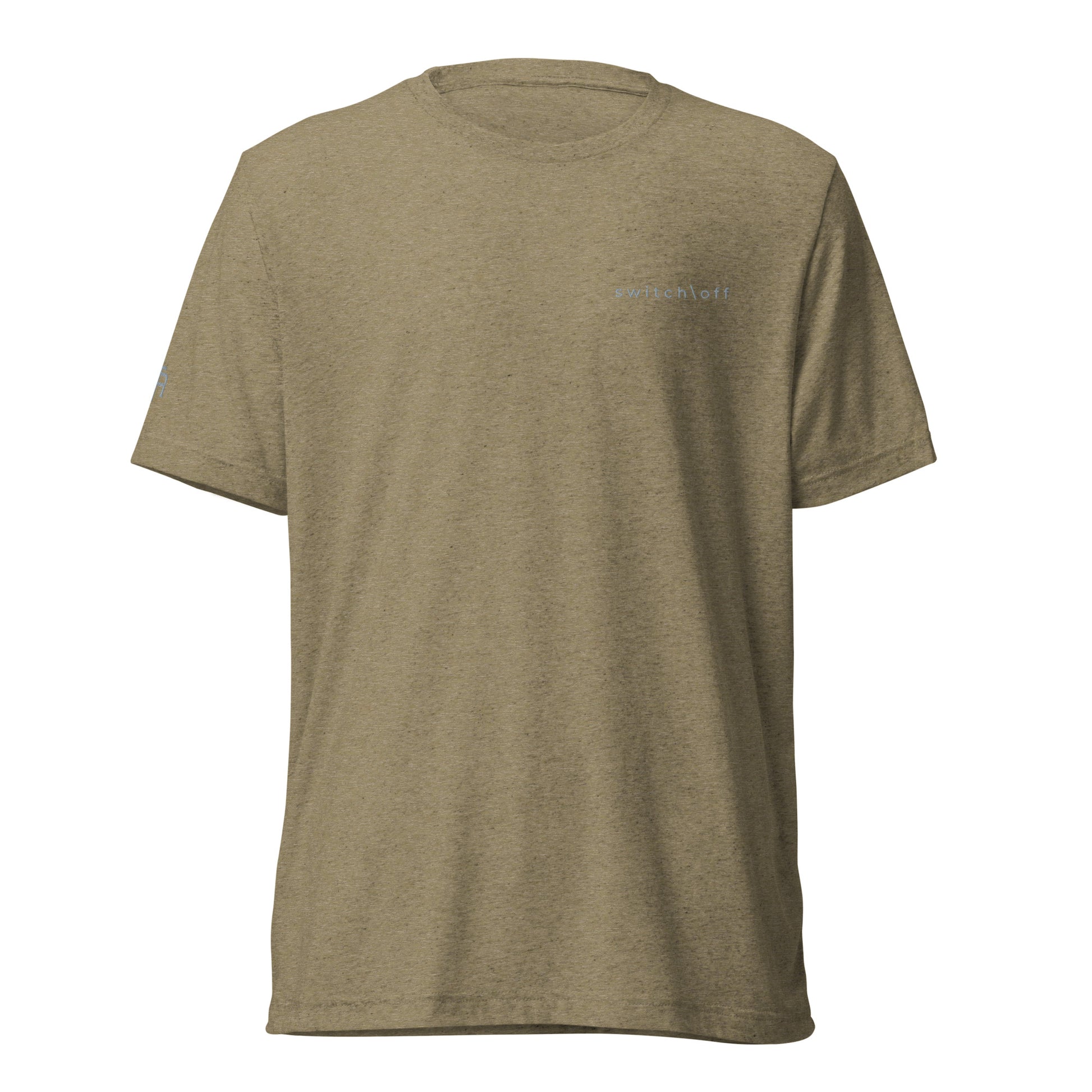 Fitted athletic tri-blend t-shirt in olive with gray switch\off chest embroidery - An Athlete Trains. Front view