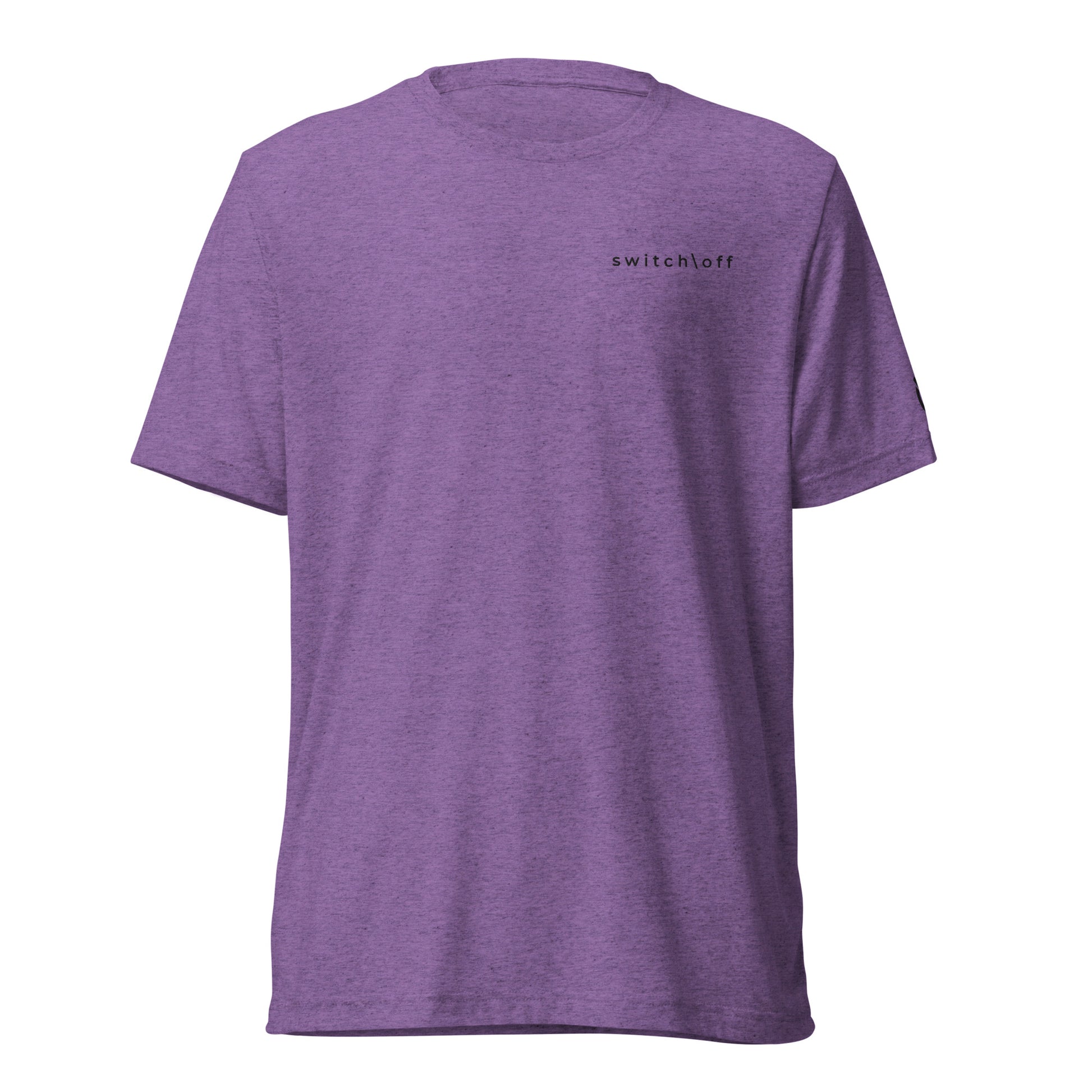 Fitted athletic tri-blend t-shirt in purple with black switch\off embroidery - An Athlete Trains. Front view