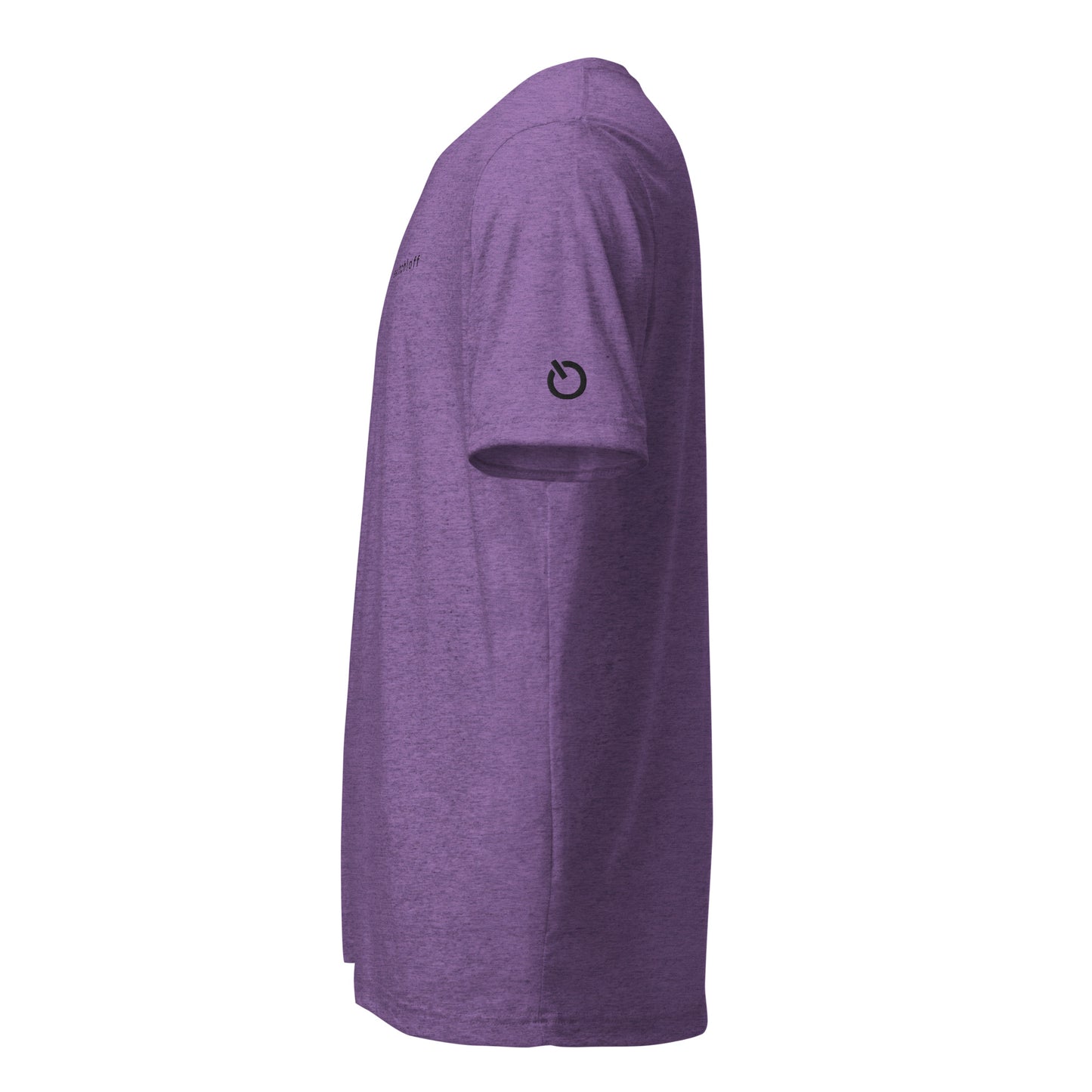 Fitted athletic tri-blend t-shirt in purple with black logo embroidery - An Athlete Trains. Left side view