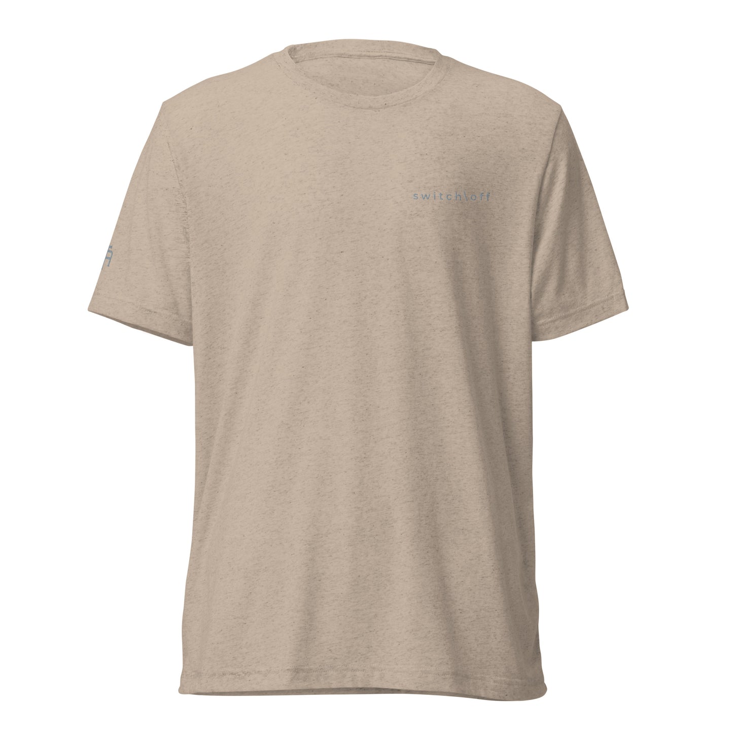 Fitted athletic tri-blend t-shirt in tan with gray switch\off chest embroidery - An Athlete Trains. Front view