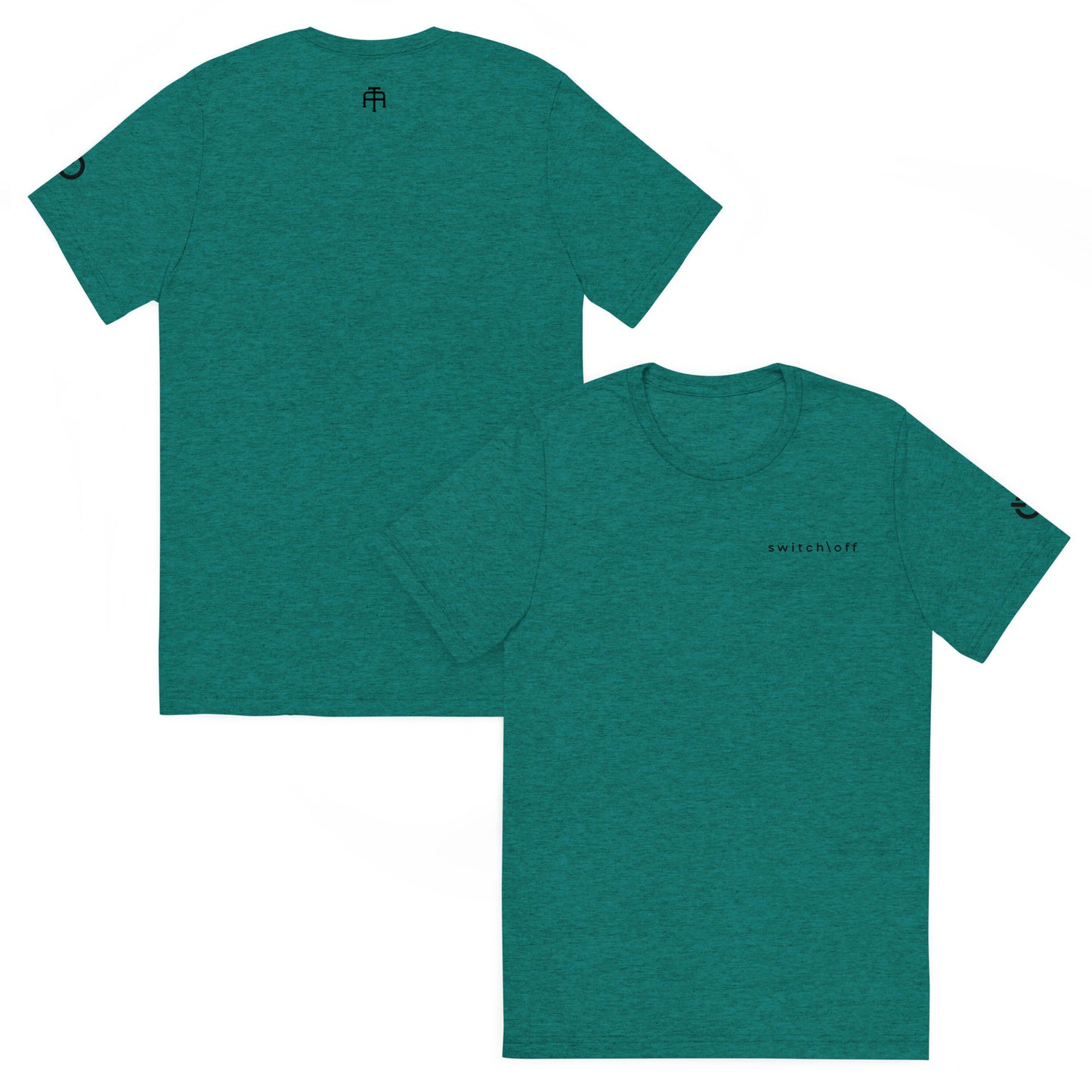 Fitted athletic tri-blend t-shirt in teal with black switch\off chest embroidery - An Athlete Trains. Front and back view