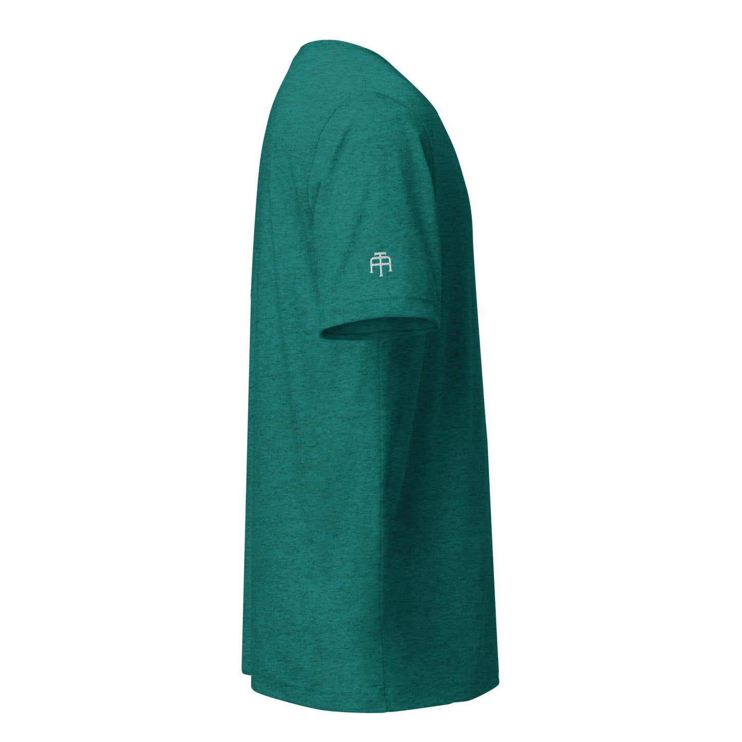 Fitted athletic tri-blend t-shirt in teal with white logo embroidery - An Athlete Trains. Right side view