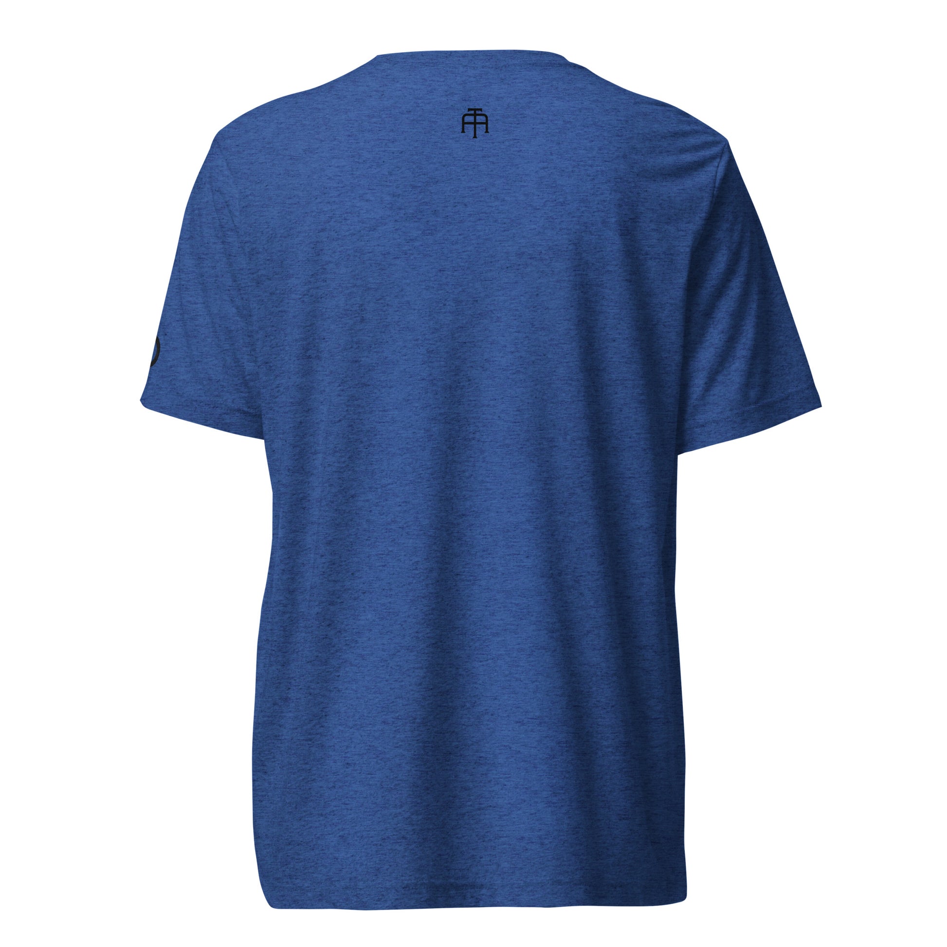 Fitted athletic tri-blend t-shirt in Royal blue with black logo embroidery - An Athlete Trains. Back view